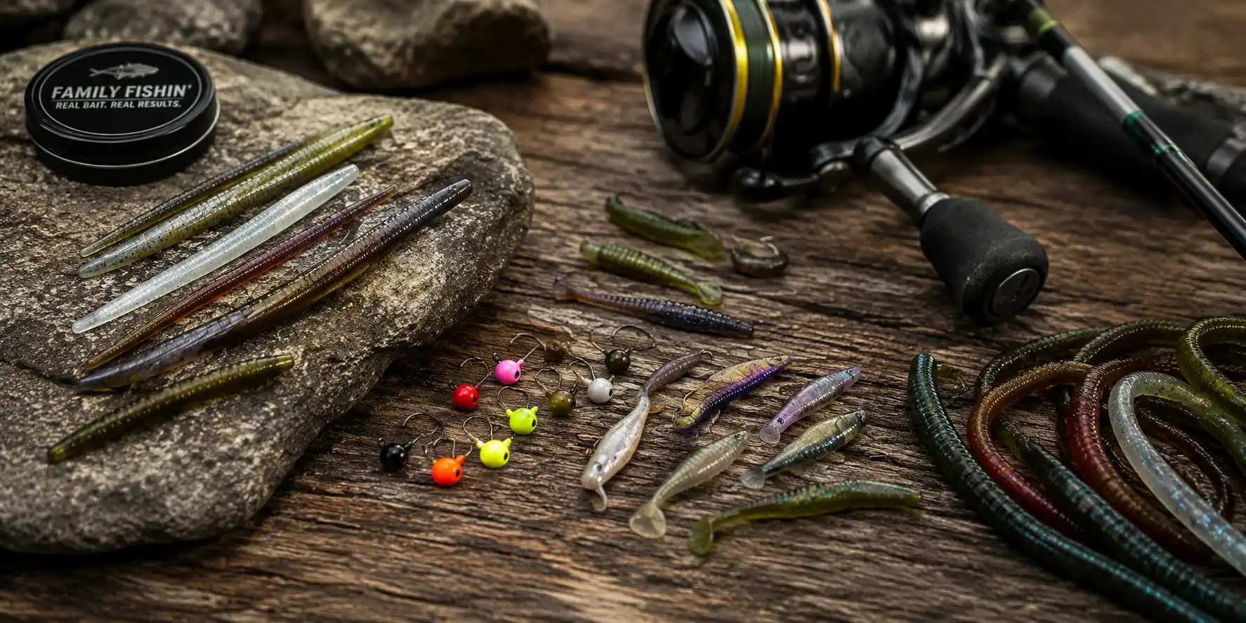 Ultralight finesse fishing tackle with small soft plastics, micro jig heads, spinning reel, and finesse baits arranged on a rustic wooden surface.