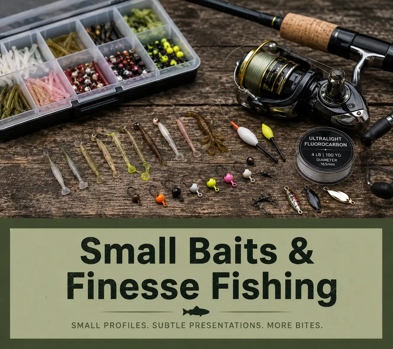Ultralight finesse fishing tackle with small soft plastics, micro jig heads, spinning reel, and small-profile baits arranged on a rustic wood surface for panfish, trout, and ice fishing.