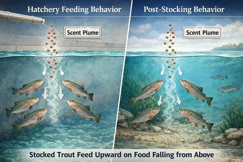 Comparison of hatchery feeding behavior and post-stocking trout behavior, showing rainbow trout following scent plumes and feeding upward on food falling from above in both hatchery and natural lake environments.