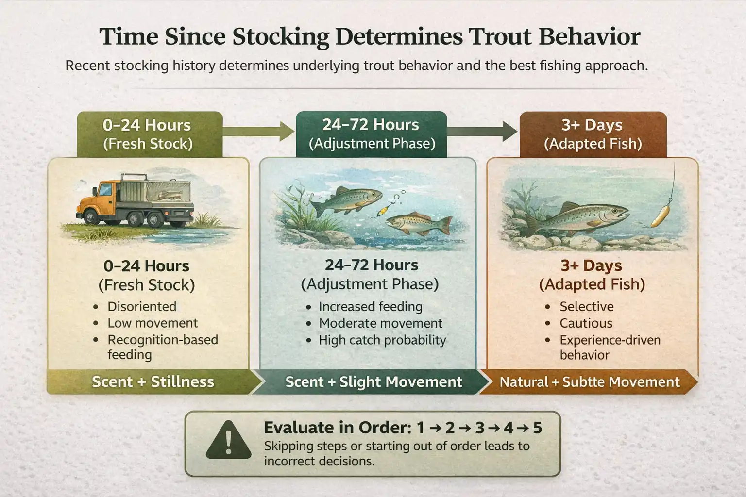 Infographic showing trout behavior and fishing strategy based on time since stocking including fresh stock, adjustment phase, and adapted fish stages