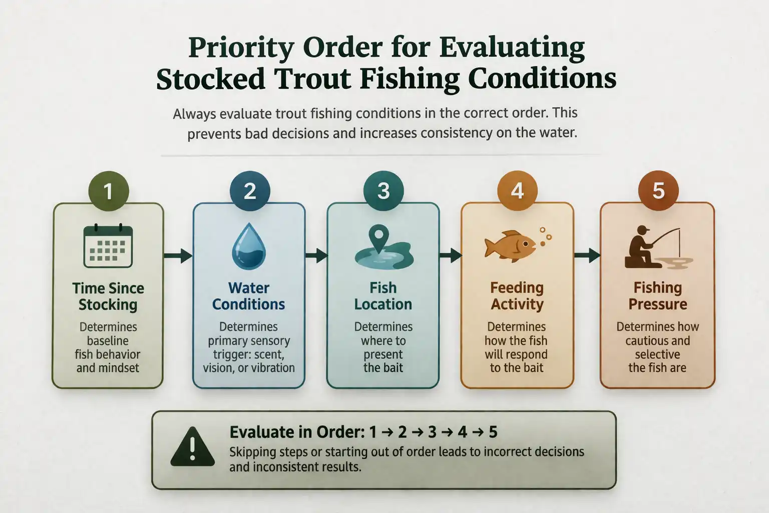Infographic showing step-by-step priority order for evaluating stocked trout fishing conditions including time since stocking, water conditions, fish location, feeding activity, and fishing pressure