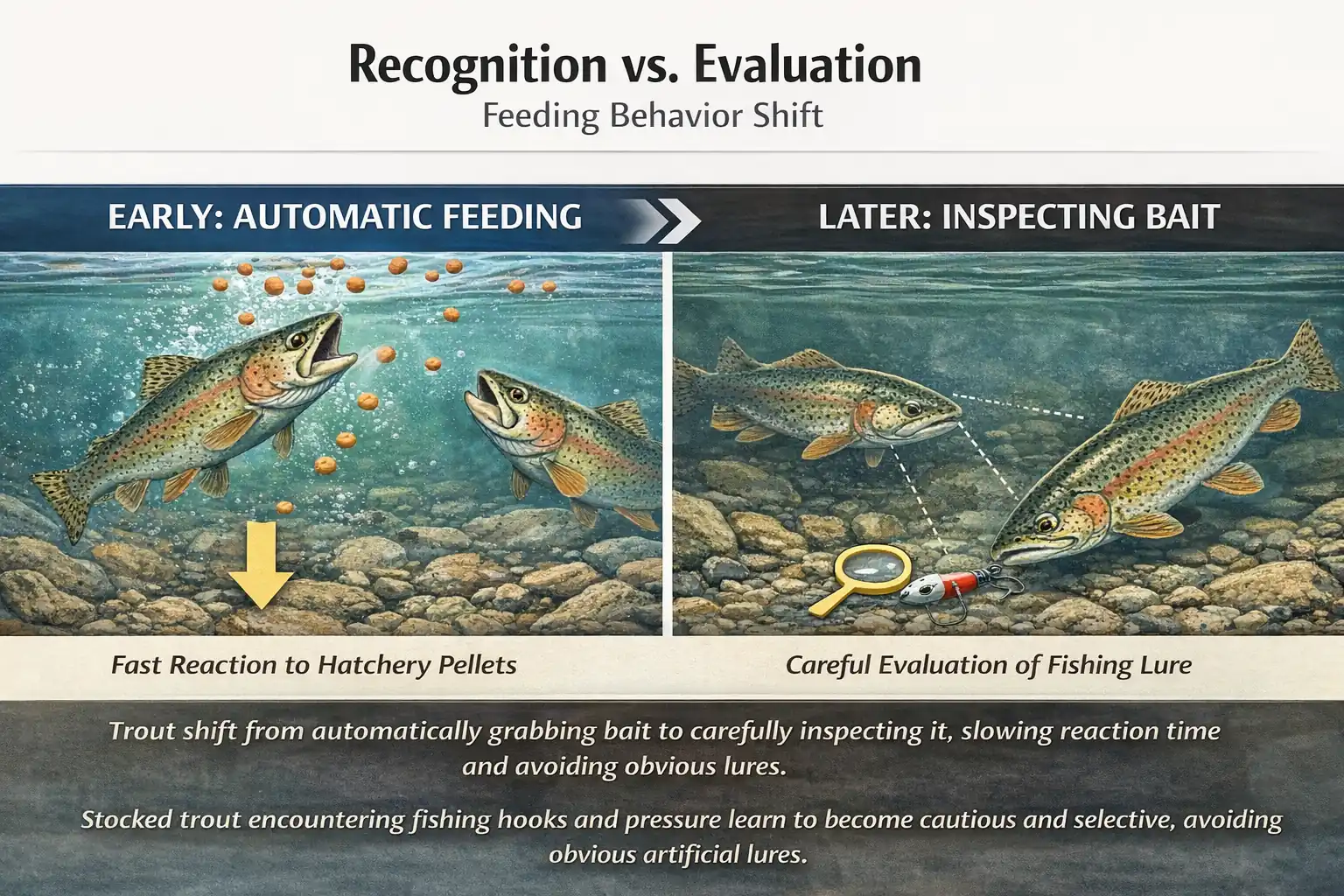Infographic showing trout feeding behavior shift from automatic feeding on pellets to cautious inspection of artificial lures after stocking
