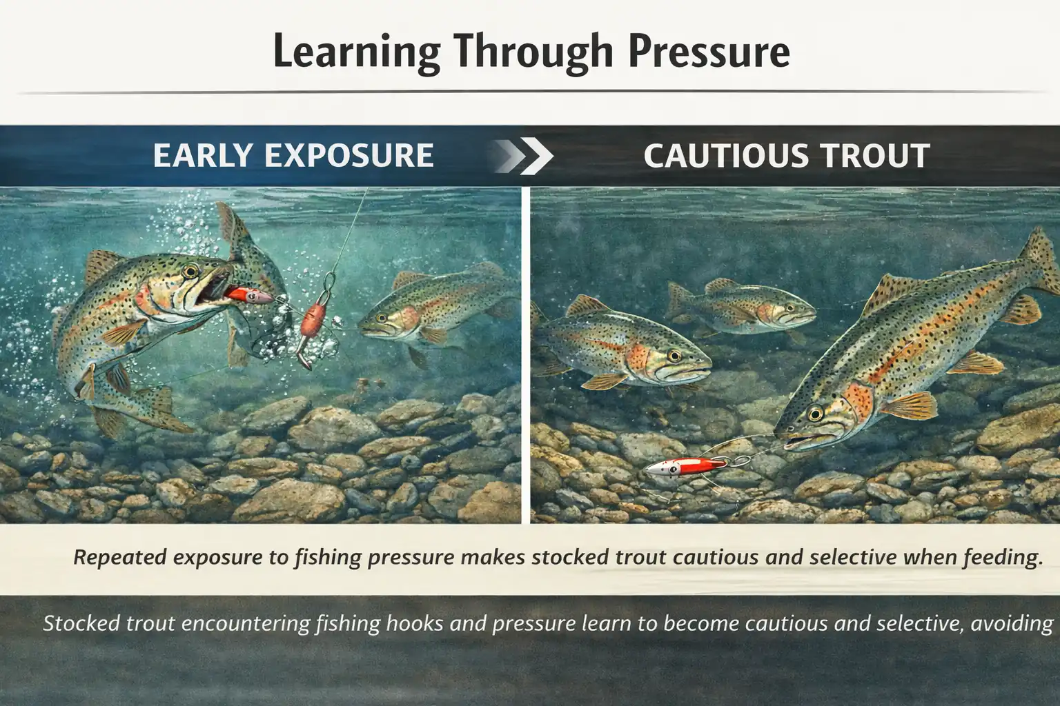 Infographic showing stocked trout learning from fishing pressure, with early exposure to hooks leading to cautious trout avoiding lures