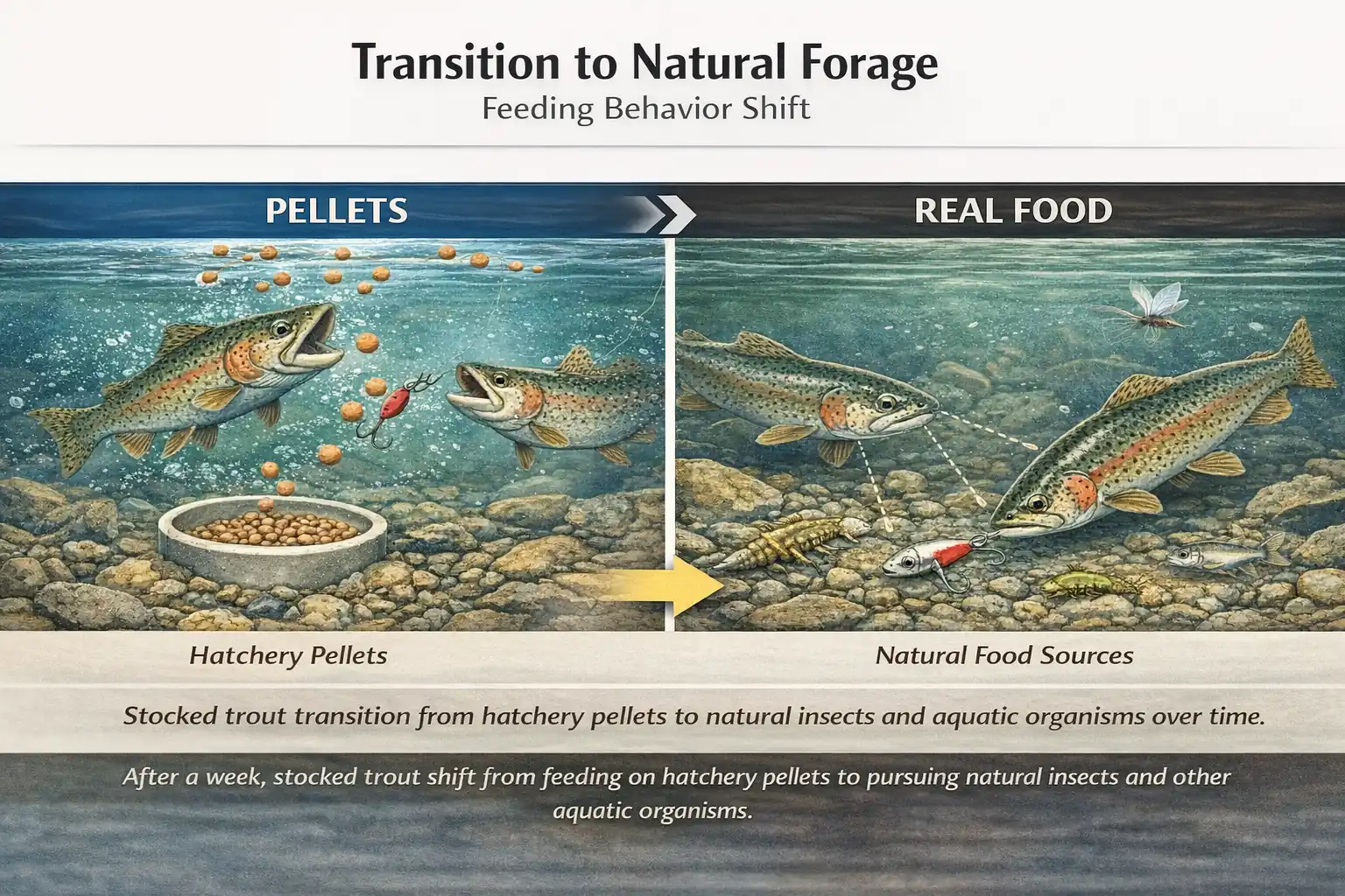 Infographic showing stocked trout transitioning from eating hatchery pellets to feeding on natural insects and aquatic prey after stocking