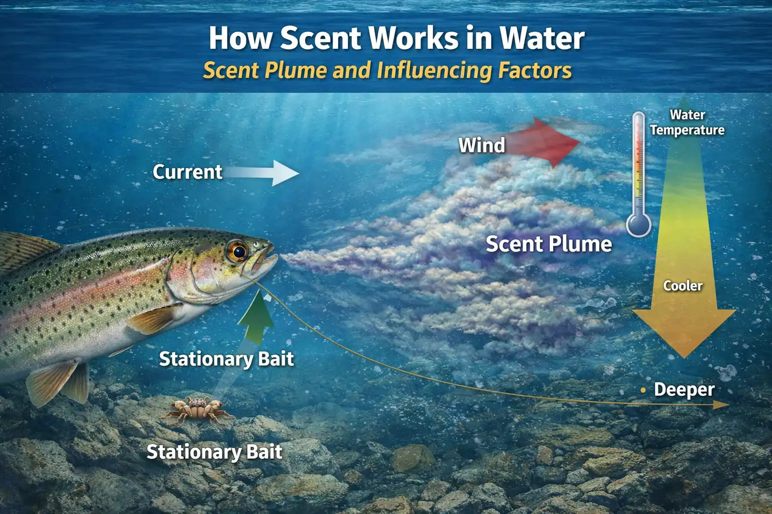 Diagram showing scent plume spreading from stationary bait underwater with arrows indicating current wind and temperature affecting dispersion toward trout