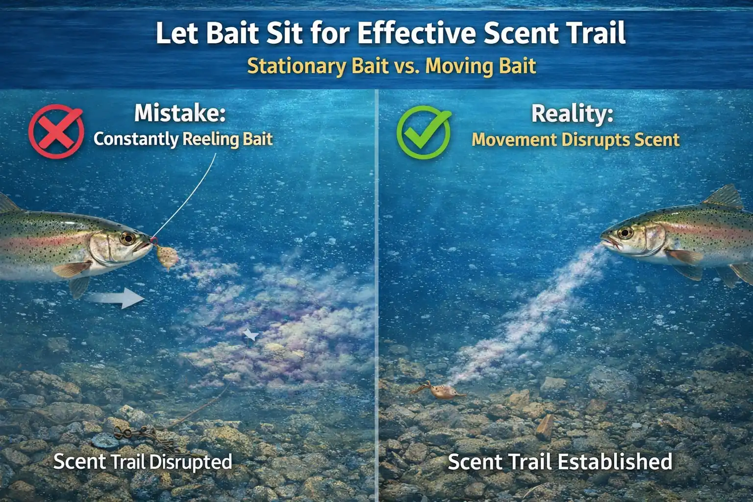 Split diagram showing moving bait disrupting scent trail versus stationary bait creating a steady scent plume trout can follow
