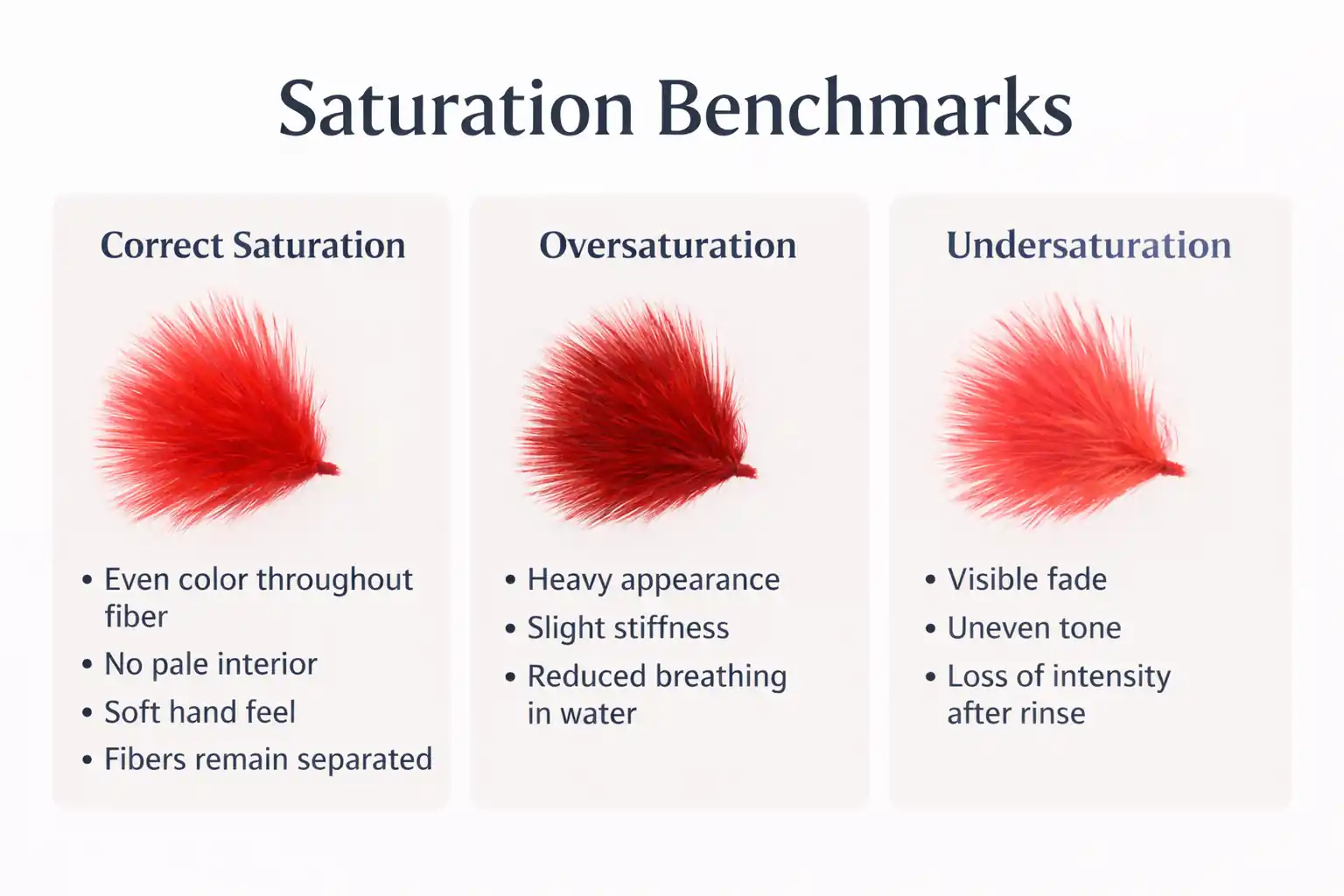 Infographic showing three marabou feather examples labeled undersaturated, correct saturation, and oversaturated, illustrating differences in color depth and fiber separation