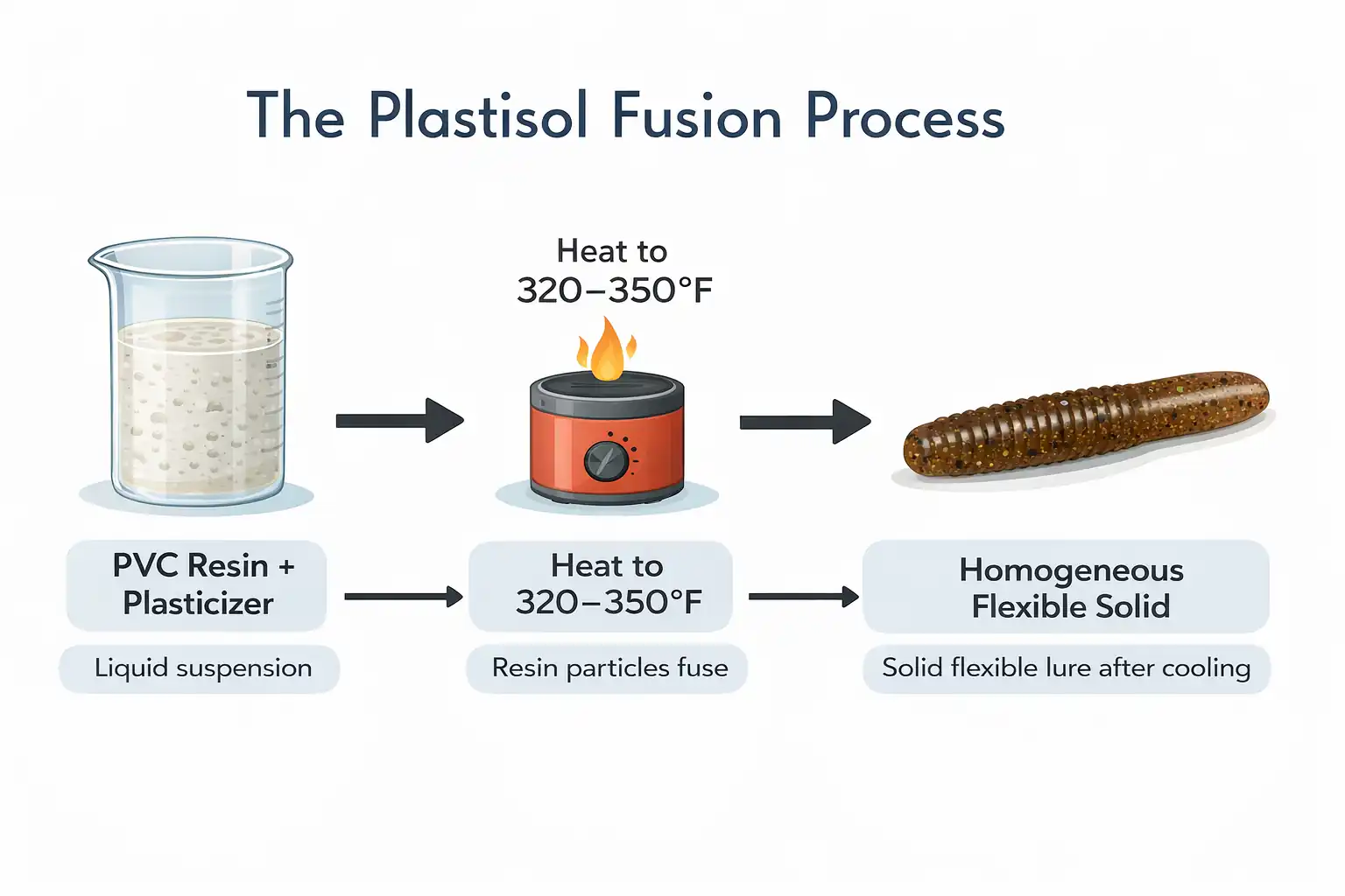 Diagram of the plastisol fusion process showing PVC resin particles in liquid plasticizer heating to 320-350F fusing into a uniform mass and cooling into a solid flexible soft plastic lure