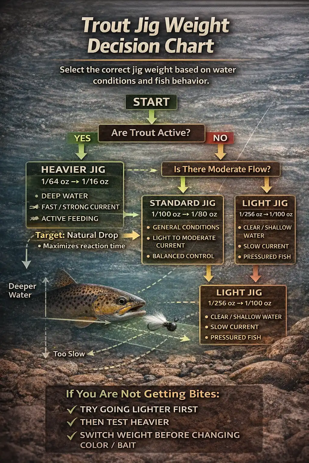 Trout jig weight decision chart showing how to choose jig head weight based on water depth, current, and fish activity