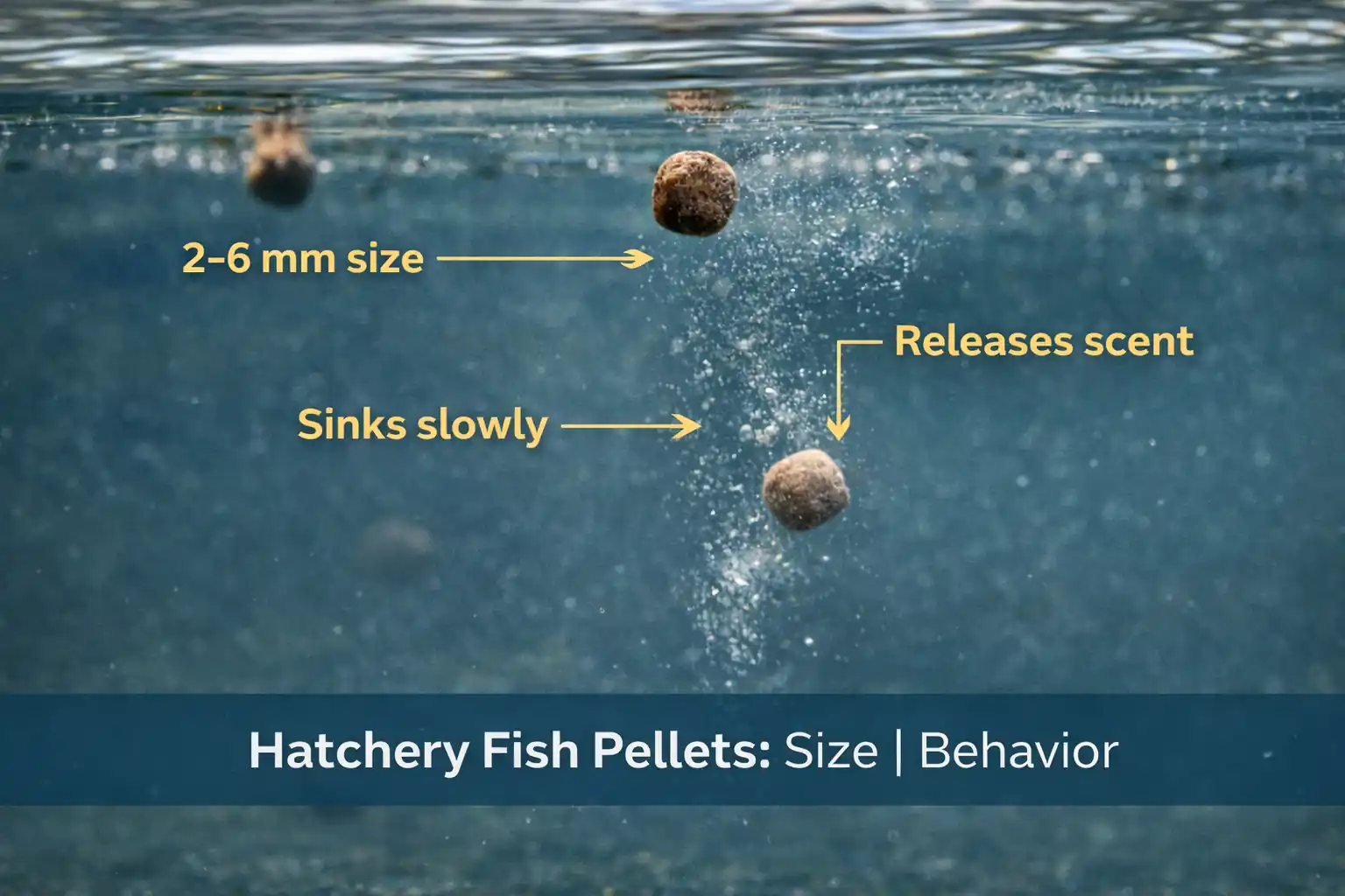 Close-up of hatchery fish pellets sinking slowly in water and releasing scent showing size, behavior, and how pellets disperse in water