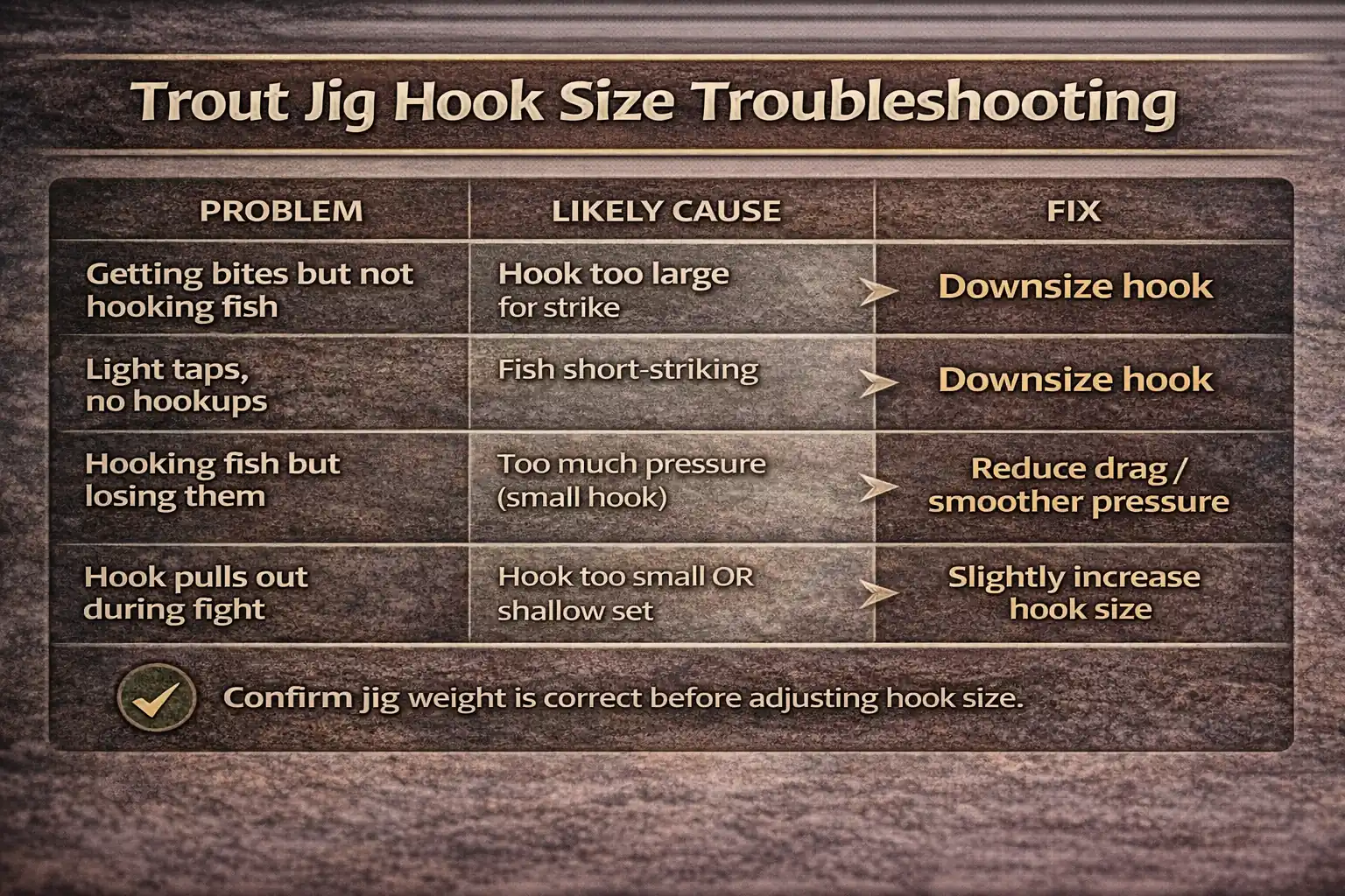 Trout jig hook size troubleshooting chart showing common hook problems, likely causes, and fixes