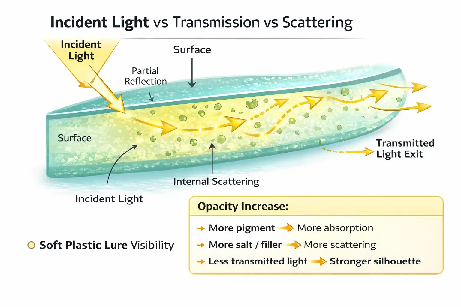 Educational diagram showing incident light striking a soft plastic lure with arrows indicating surface reflection, internal light transmission, and internal scattering affecting underwater visibility