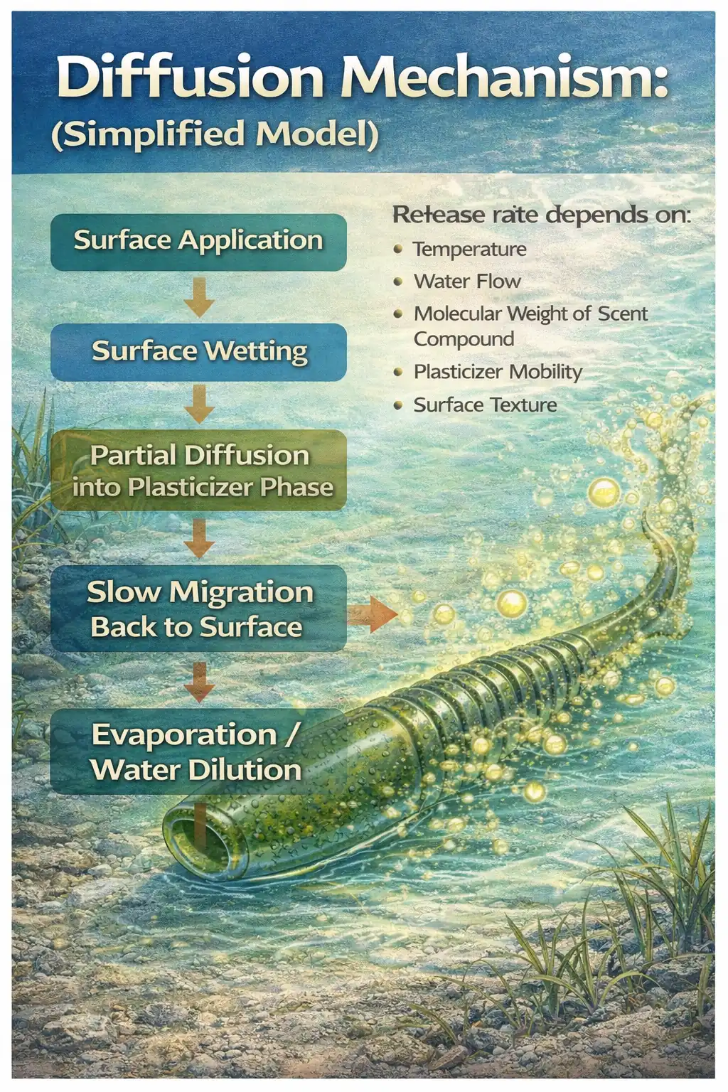 Diagram illustrating scent diffusion in a soft plastic lure showing scent molecules entering the polymer matrix dispersing internally and gradually diffusing outward into surrounding water