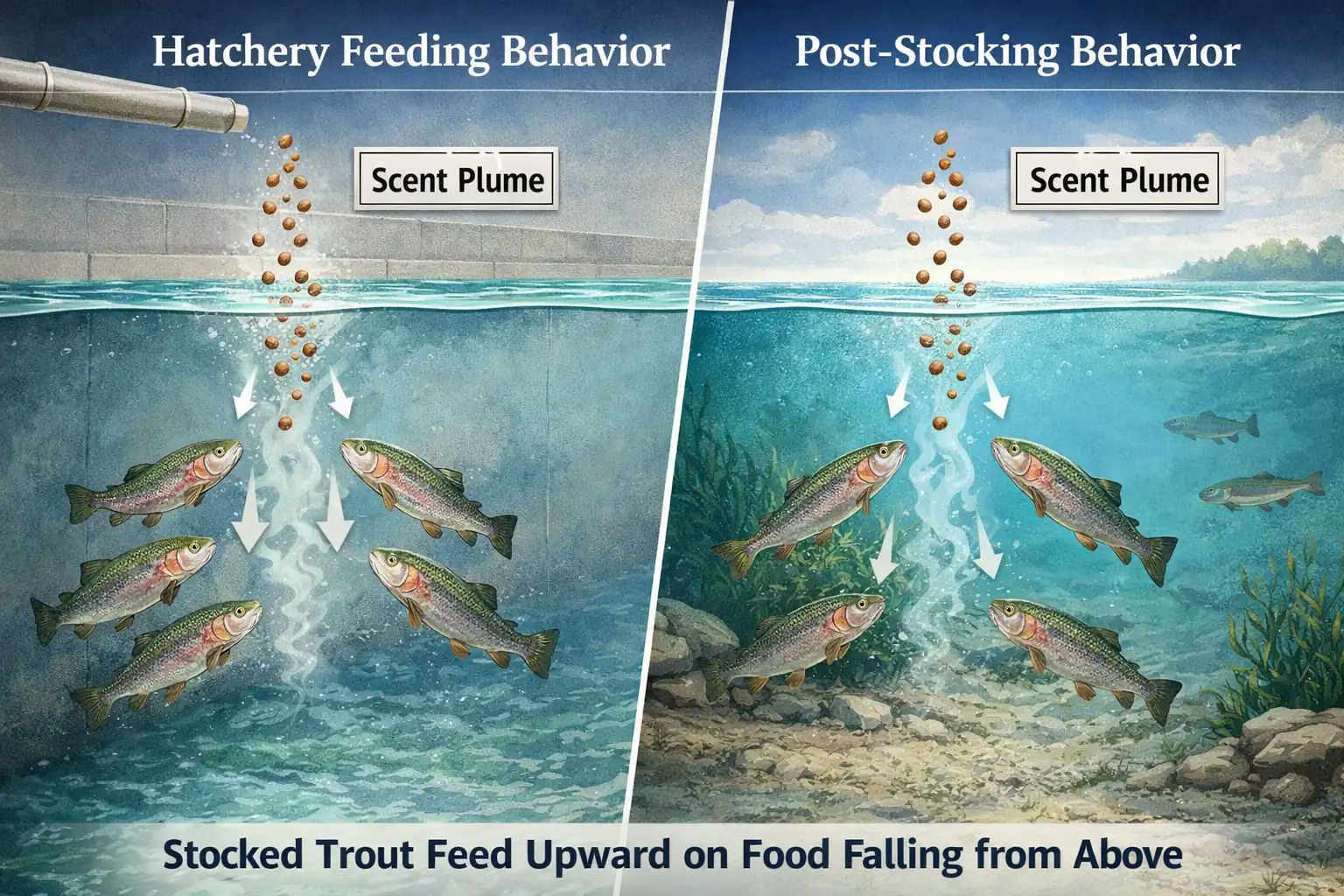 Split diagram showing hatchery feeding behavior and post-stocking trout behavior with pellets falling from above and rainbow trout turning upward to feed