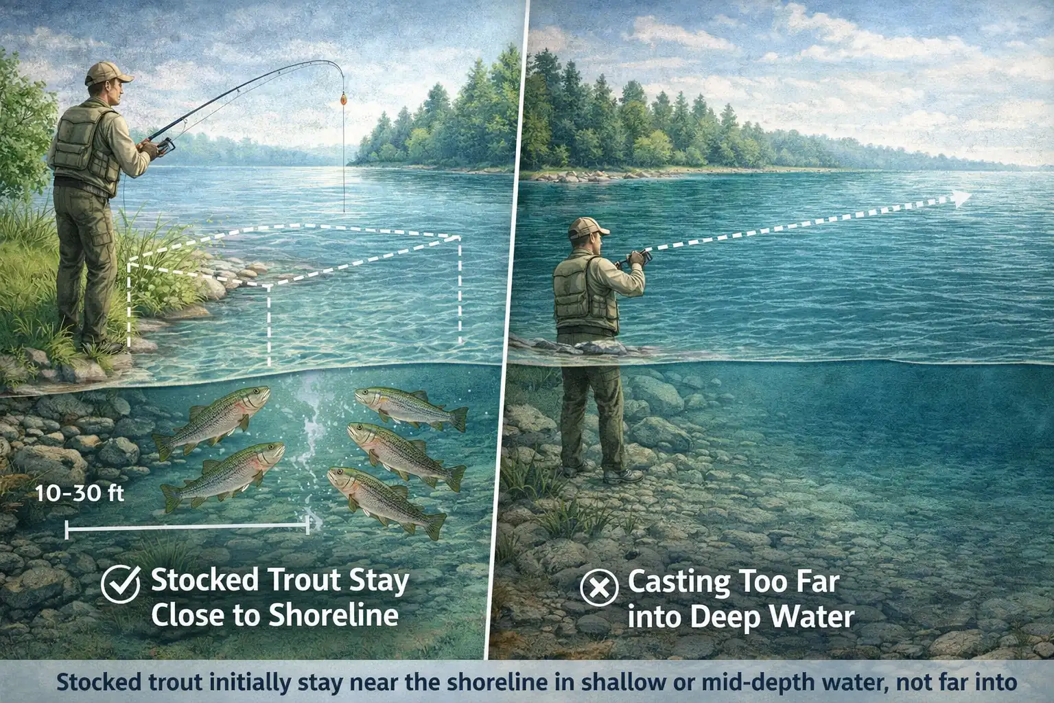 Split illustration showing angler fishing near shoreline where stocked trout are concentrated versus casting too far into deep water where trout are not present