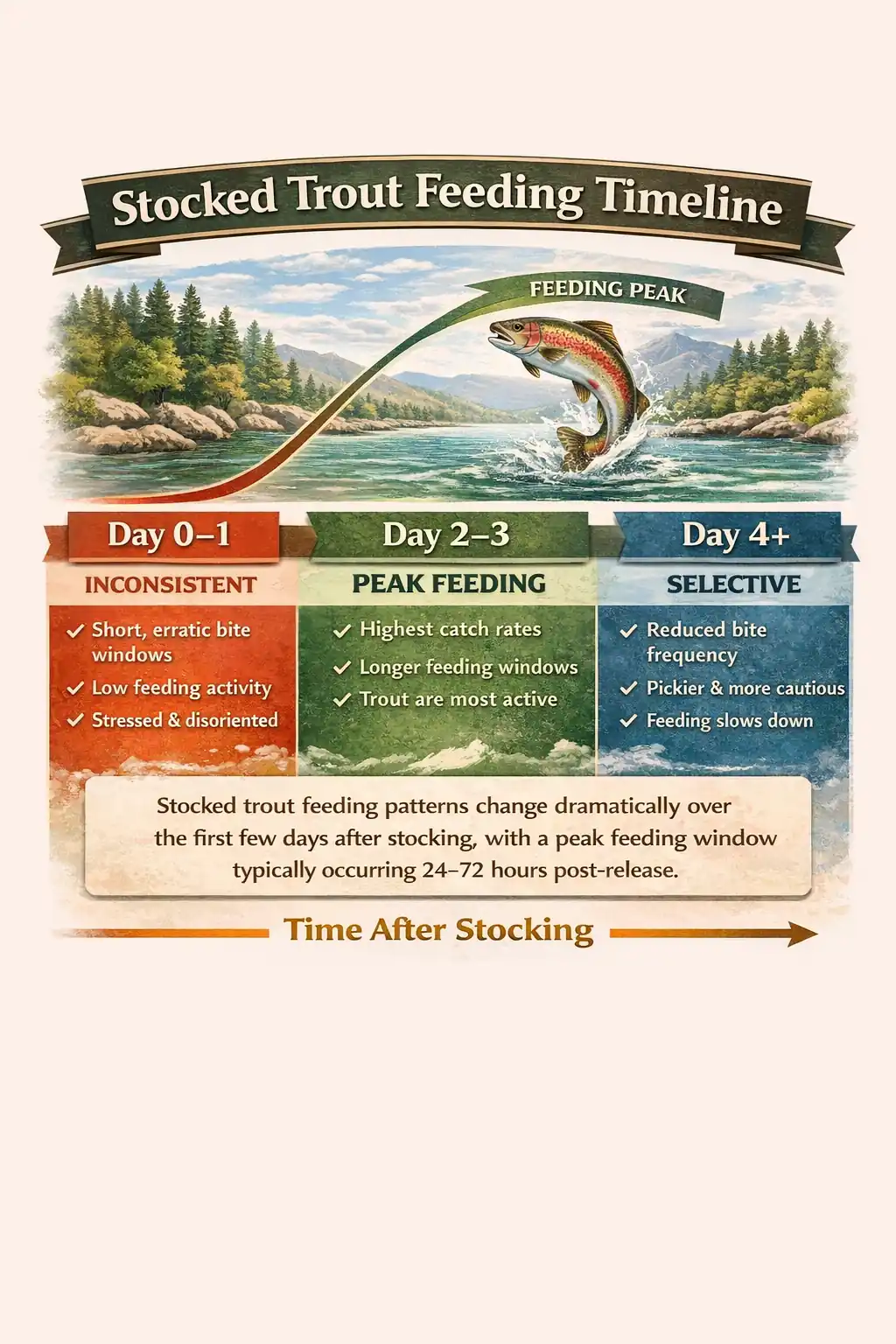 Infographic showing stocked trout feeding timeline with inconsistent feeding on day 0-1, peak feeding on day 2-3, and selective feeding after day 4