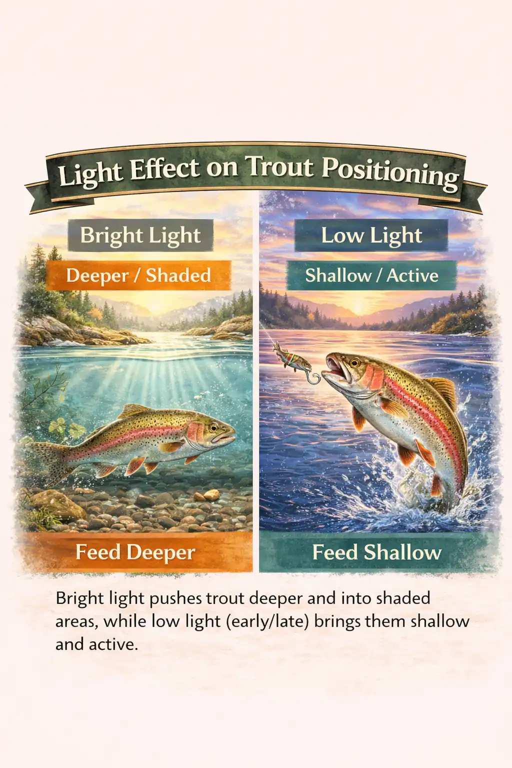 Infographic showing trout positioned deeper in bright light and shallow in low light illustrating how light affects trout feeding behavior