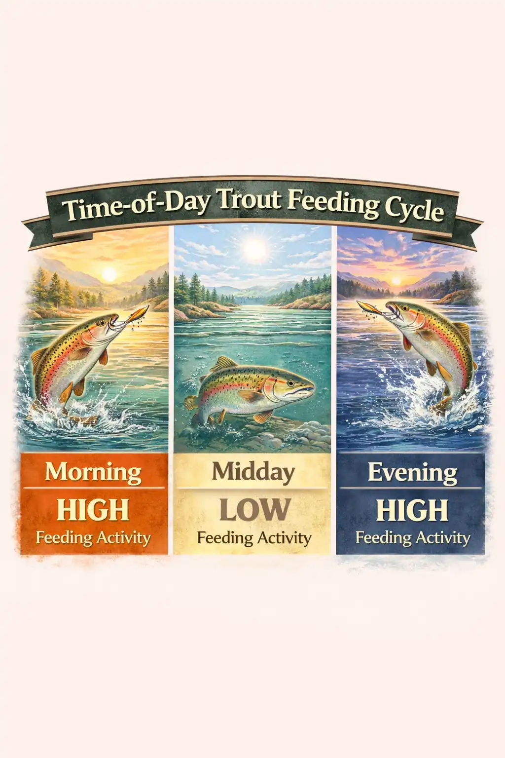 Infographic showing trout feeding activity by time of day with high activity in morning and evening and low activity during midday