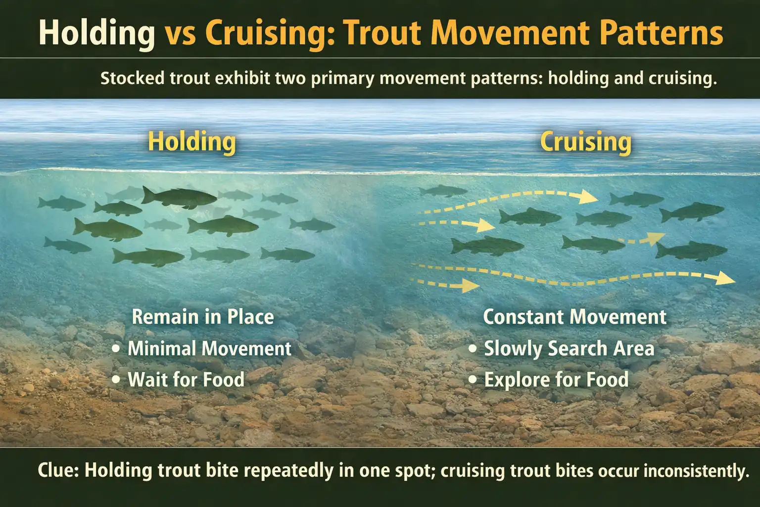 Split diagram showing stocked trout holding in one location with minimal movement versus trout cruising slowly through an area with directional movement paths