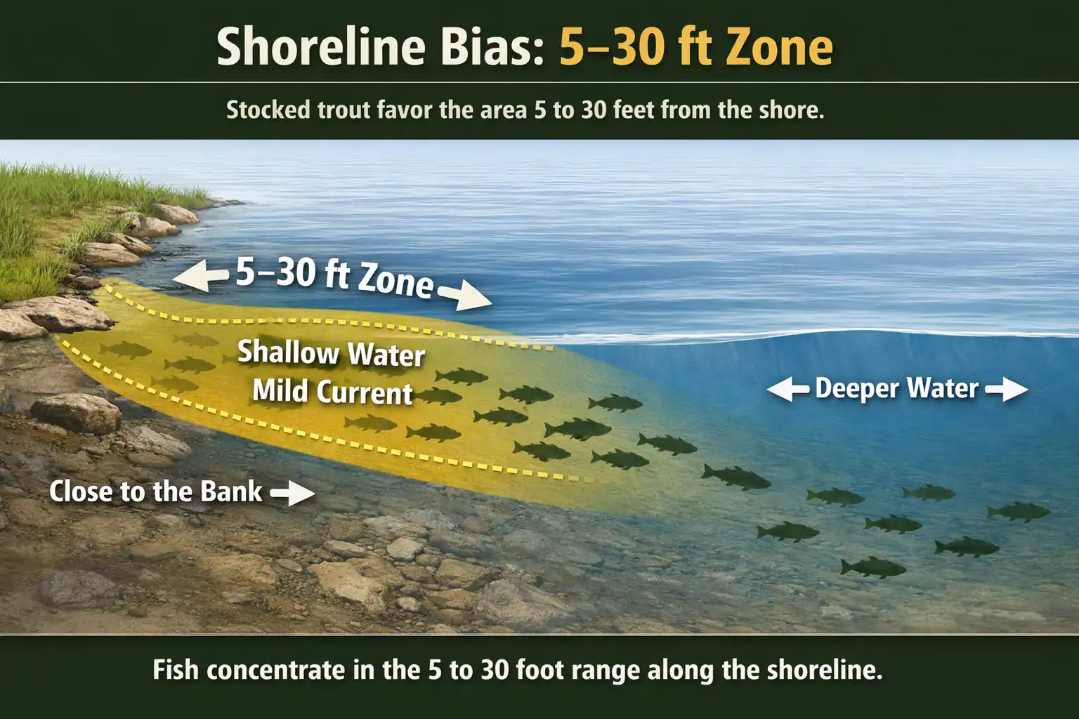 Diagram showing stocked trout concentrated 5 to 30 feet from shoreline in shallow water with fewer fish in deeper offshore areas