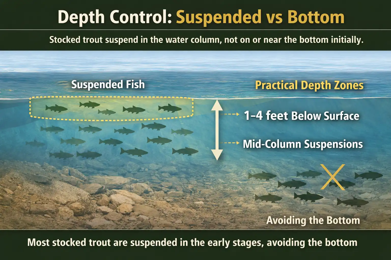 Underwater diagram showing stocked trout suspended mid-water 1 to 4 feet below the surface with fewer fish positioned along the bottom