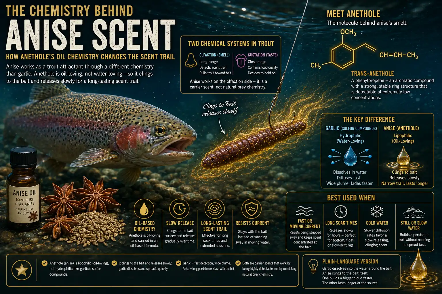 Scientific illustration showing how anise scent containing anethole creates a slow-release, oil-based scent trail that clings to a trout bait and attracts rainbow trout underwater.