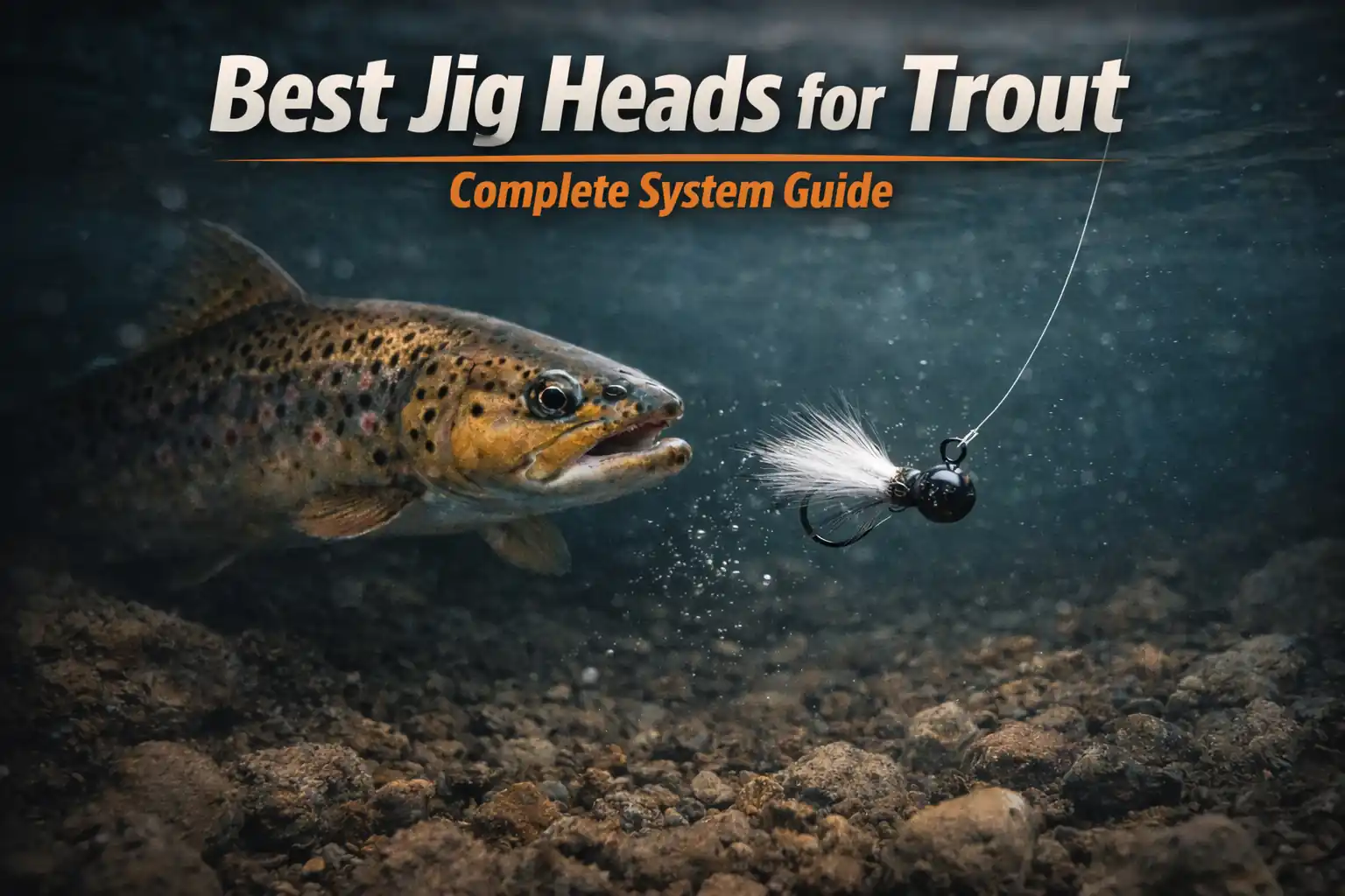 Brown trout underwater approaching a marabou jig on a light jig head in a natural stream setting