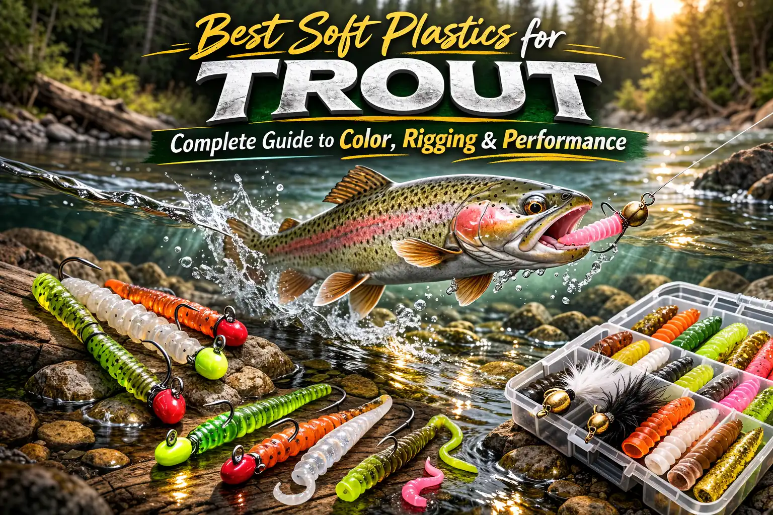 Trout launching from a stream to strike a soft plastic worm with jig heads and marabou jigs staged nearby