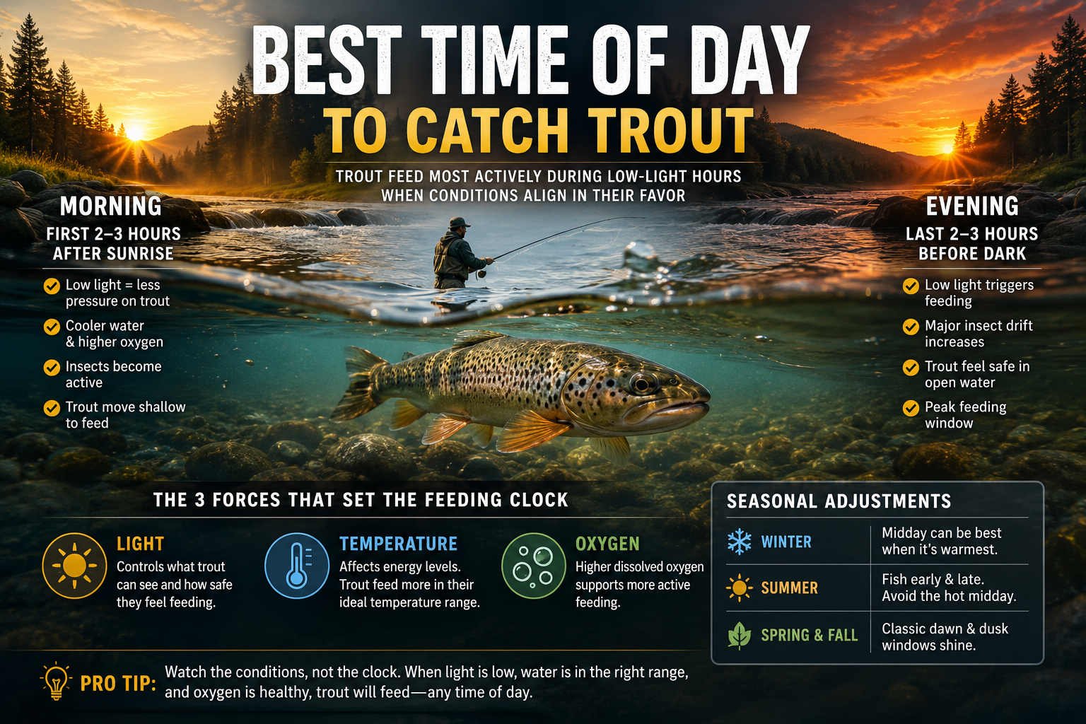 Brown trout swimming beneath an angler at sunrise and sunset, illustrating the best time of day to catch trout during low-light feeding periods.