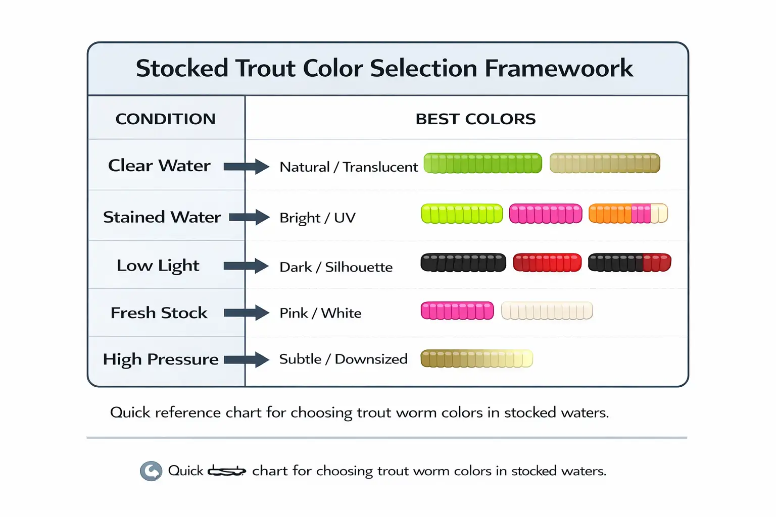 Color selection framework showing the best trout worm colors for stocked trout based on water clarity, light conditions, and fishing pressure