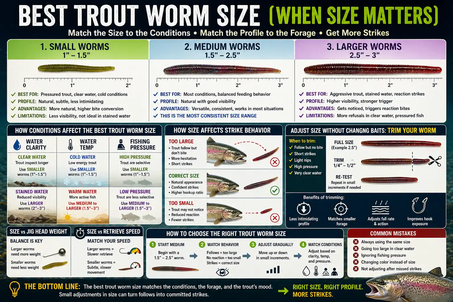 Infographic showing best trout worm size based on water clarity, temperature, and fishing pressure, including small, medium, and large worm profiles
