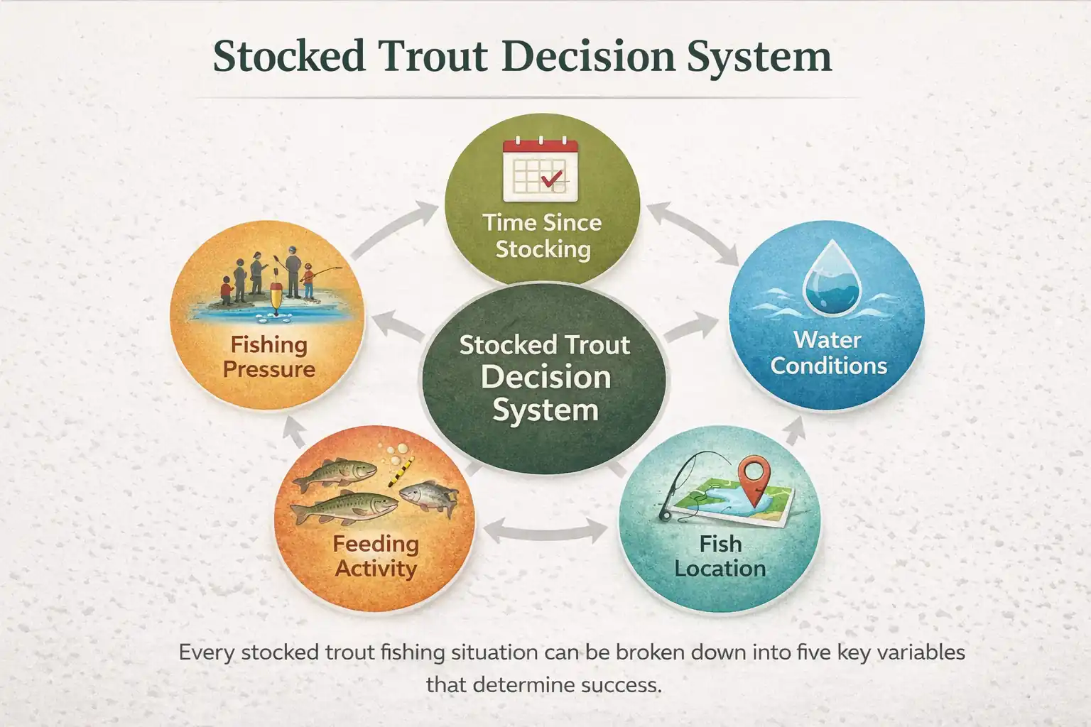 Infographic showing five key variables for catching stocked trout including time since stocking, water conditions, fish location, feeding activity level, and fishing pressure