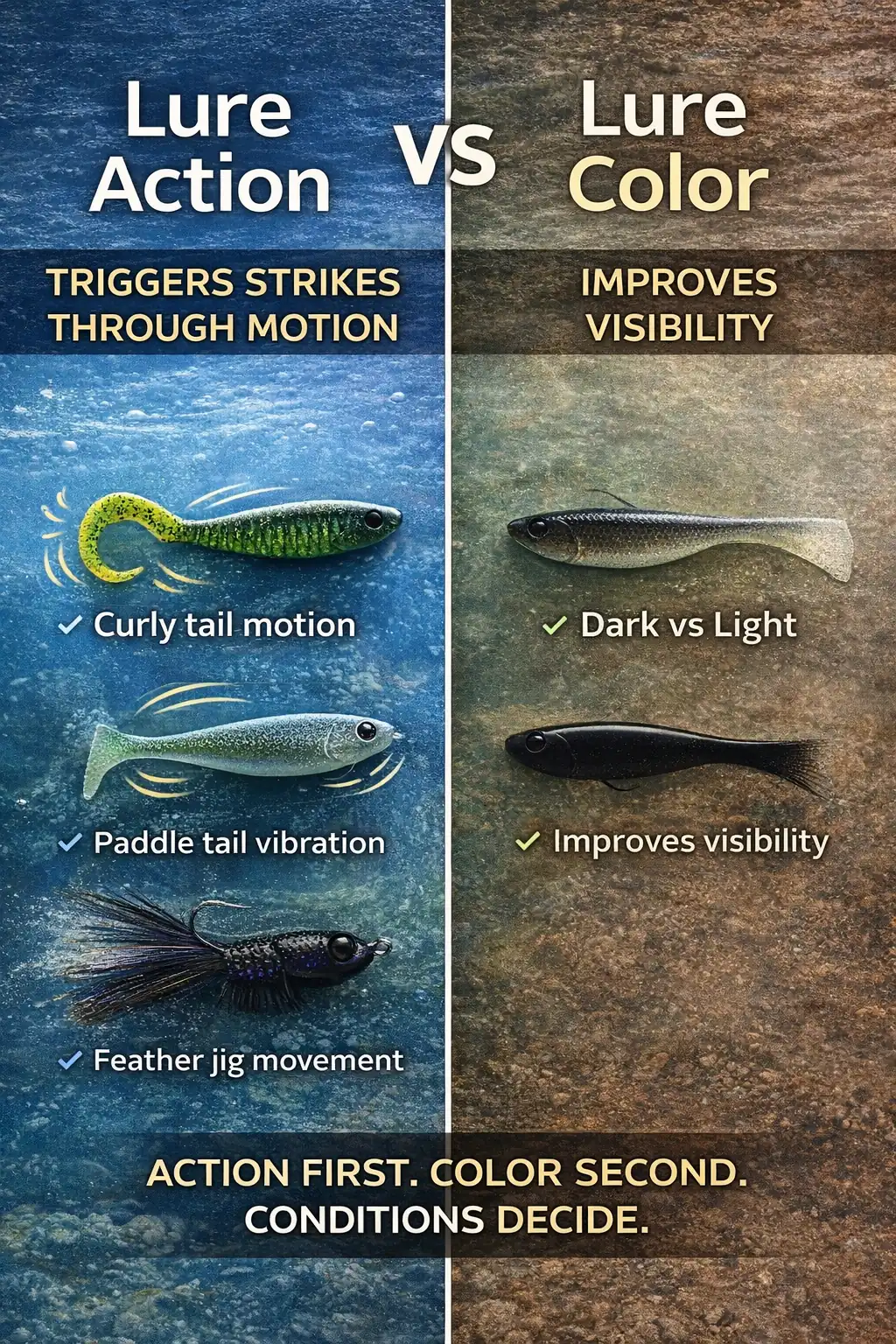 Infographic comparing lure action and lure color showing action triggers strikes through motion while color improves visibility — action comes first and conditions decide which matters more