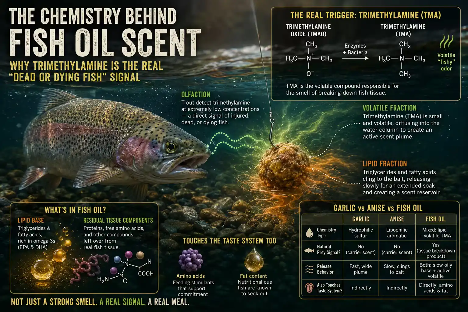 Scientific illustration showing how fish oil scent releases trimethylamine (TMA), the chemical signal of injured or dying fish that trout detect through their sense of smell.