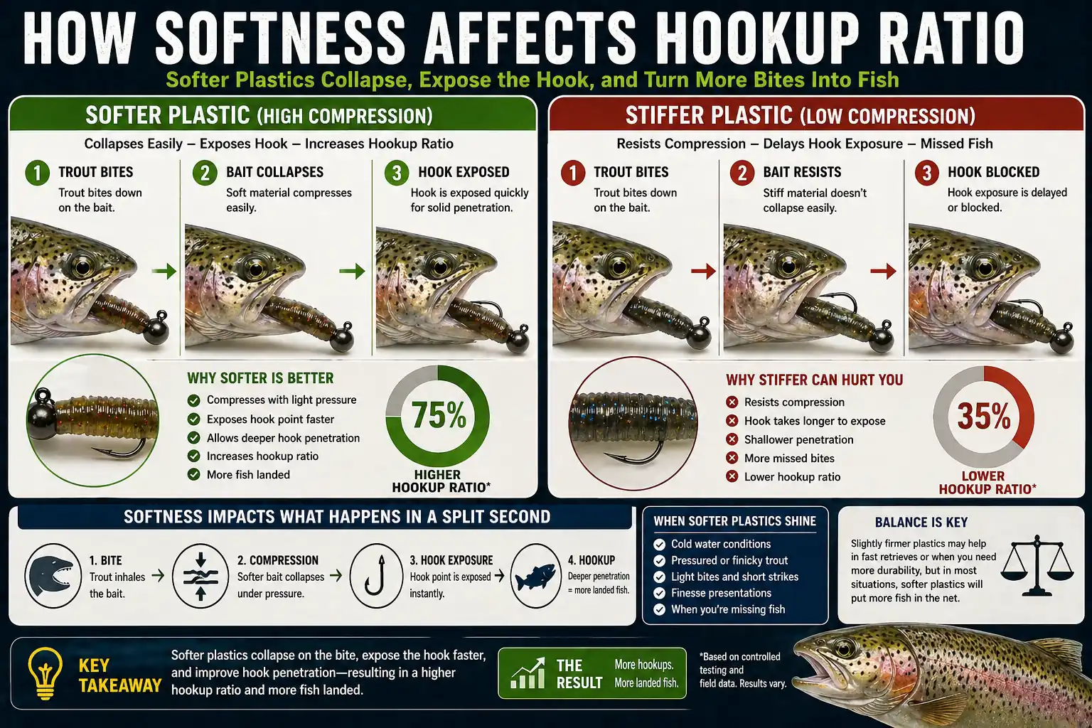 Diagram showing how softness affects hookup ratio in trout fishing, comparing soft plastics that collapse and expose the hook versus stiff baits that block hook penetration