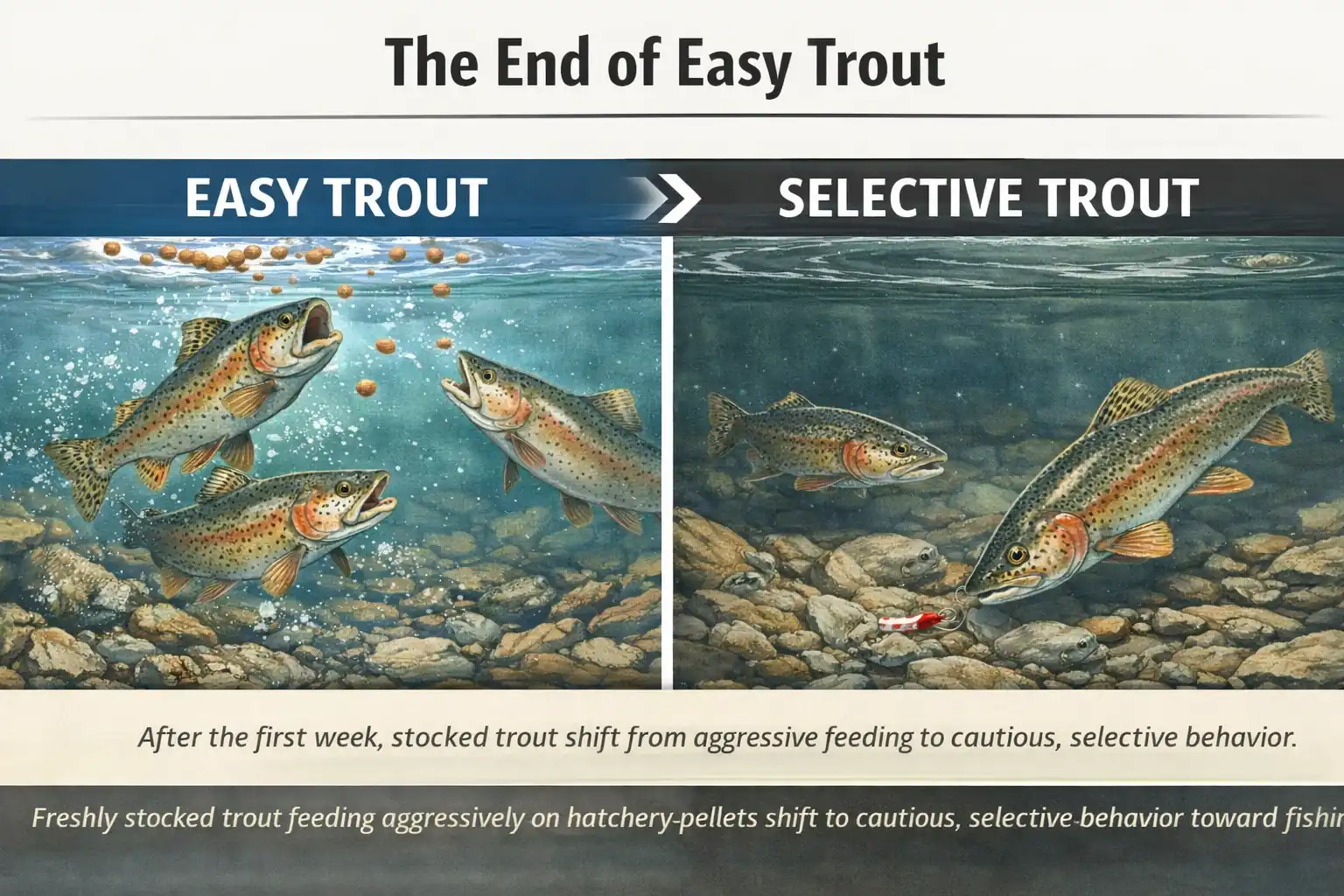 Infographic comparing easy stocked trout feeding aggressively on pellets versus selective trout cautiously inspecting a lure after the first week