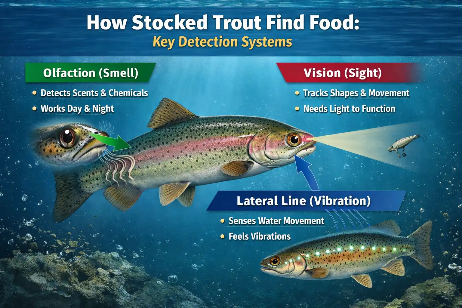 Infographic showing stocked trout sensory hierarchy shifting from smell dominance early through vision and vibration importance over time after stocking