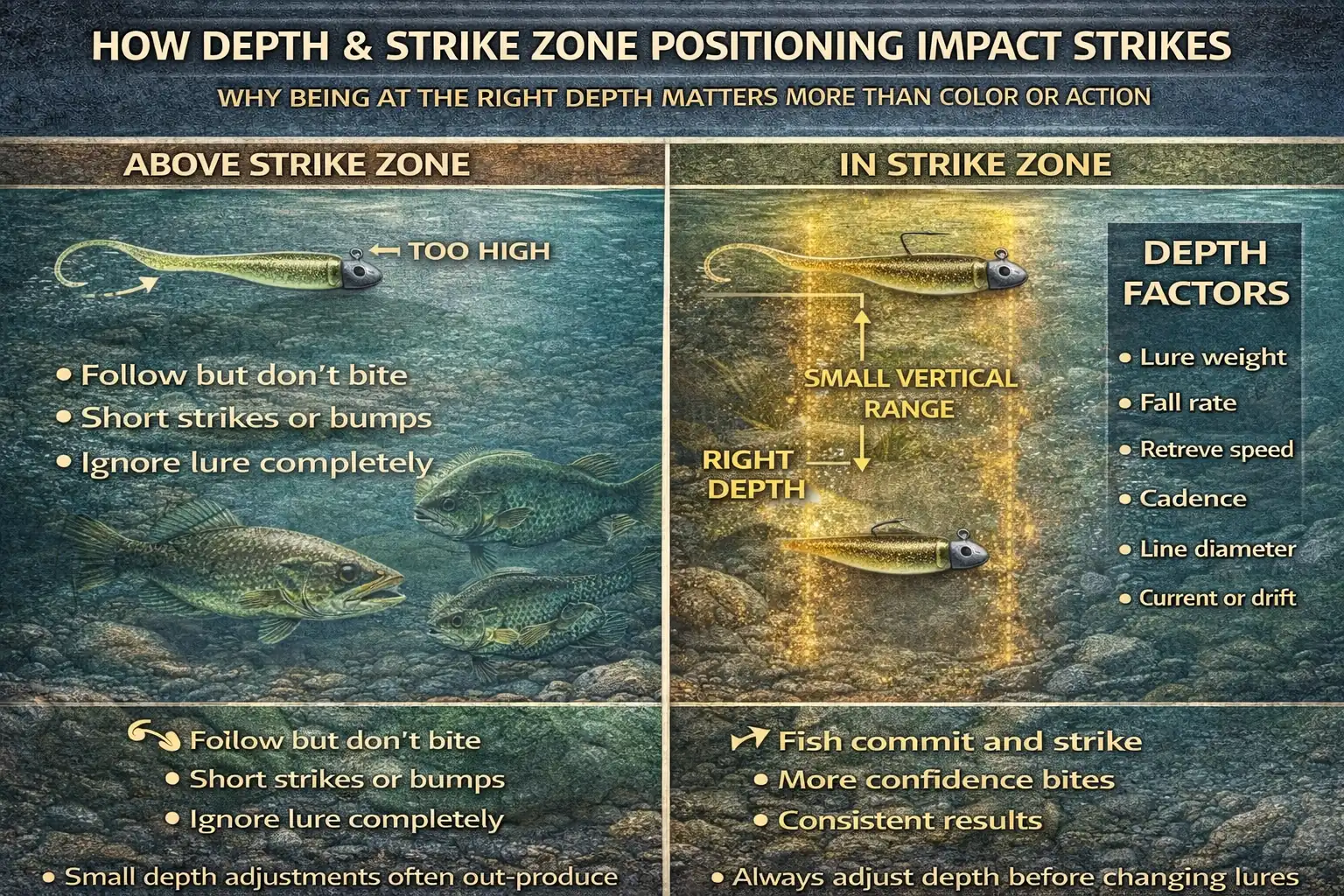 Infographic illustrating lure depth and strike zone positioning showing narrow vertical strike zones and how proper depth placement increases fish response