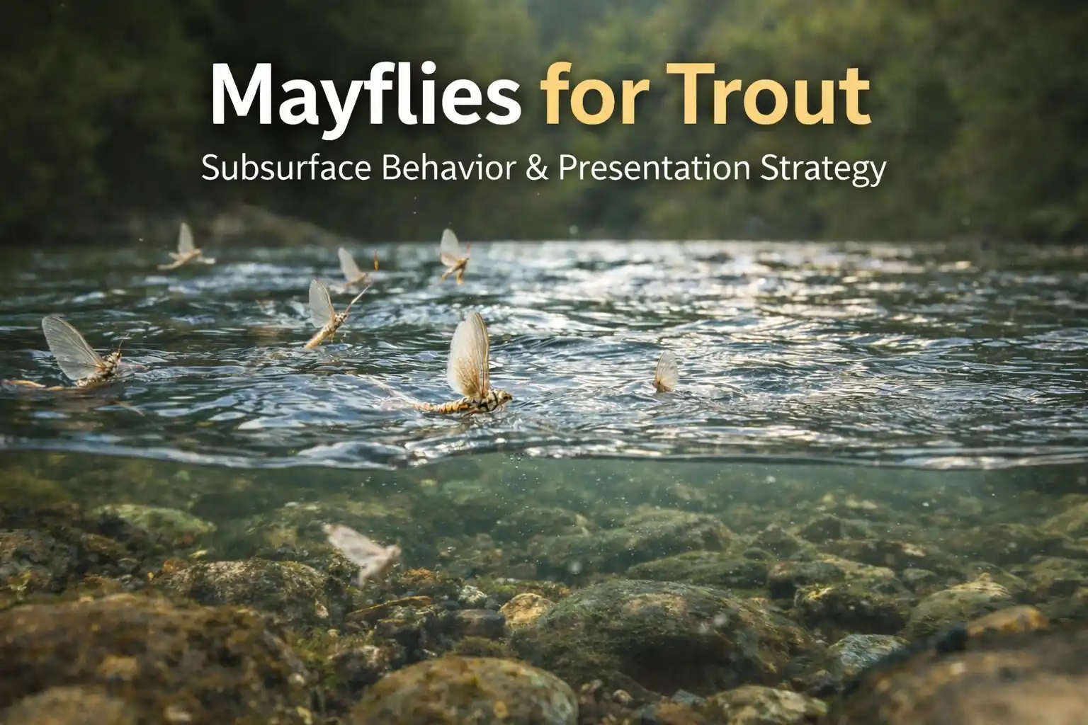 Mayflies drifting and emerging in a clear river with rocky streambed visible beneath the surface during a trout hatch