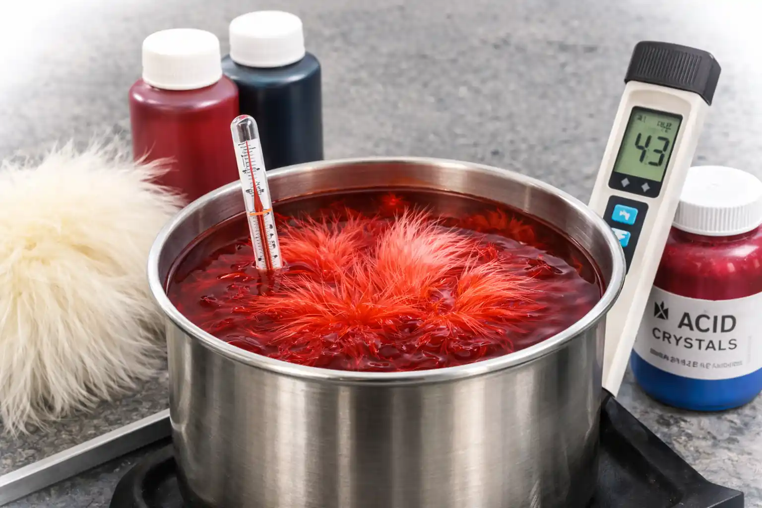 Marabou feathers completely submerged in a red dye bath inside a stainless steel pot with a thermometer and pH meter visible, demonstrating controlled temperature dyeing
