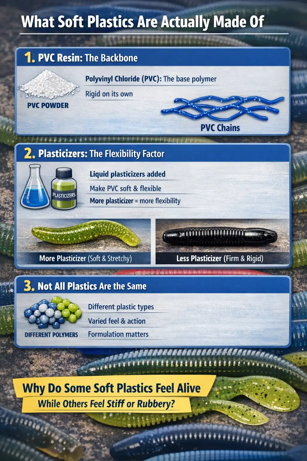 Infographic explaining what soft plastics are made of, including PVC resin, plasticizers, and additive differences that affect flexibility and performance
