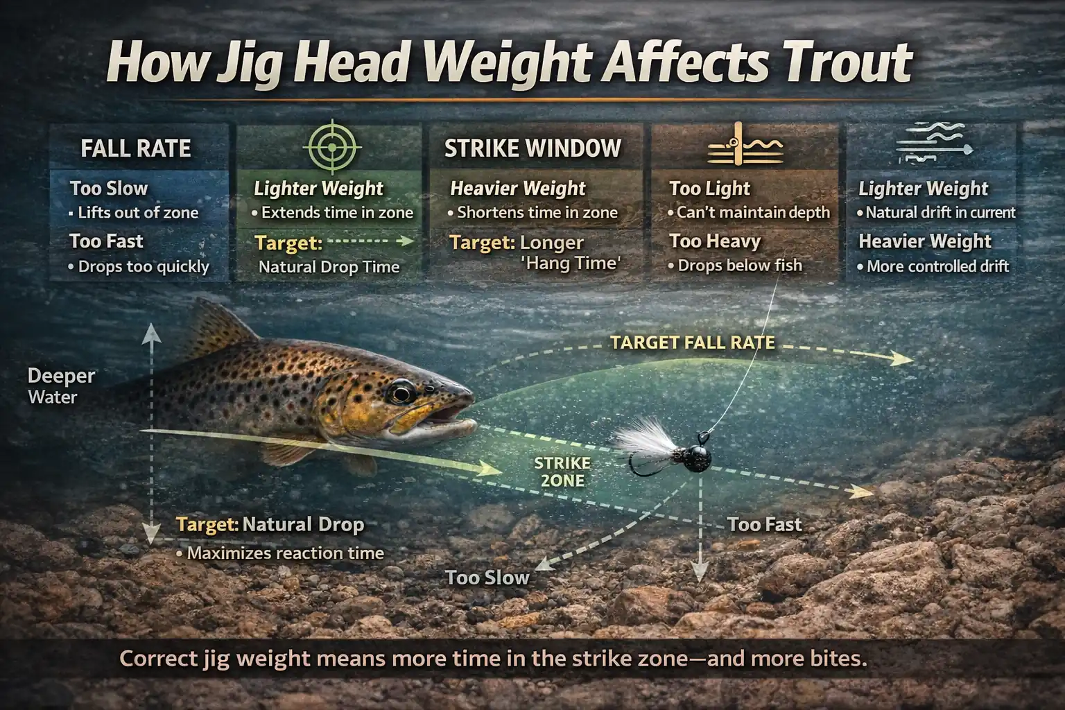 Brown trout underwater approaching a marabou jig on a light jig head in a clear rocky stream