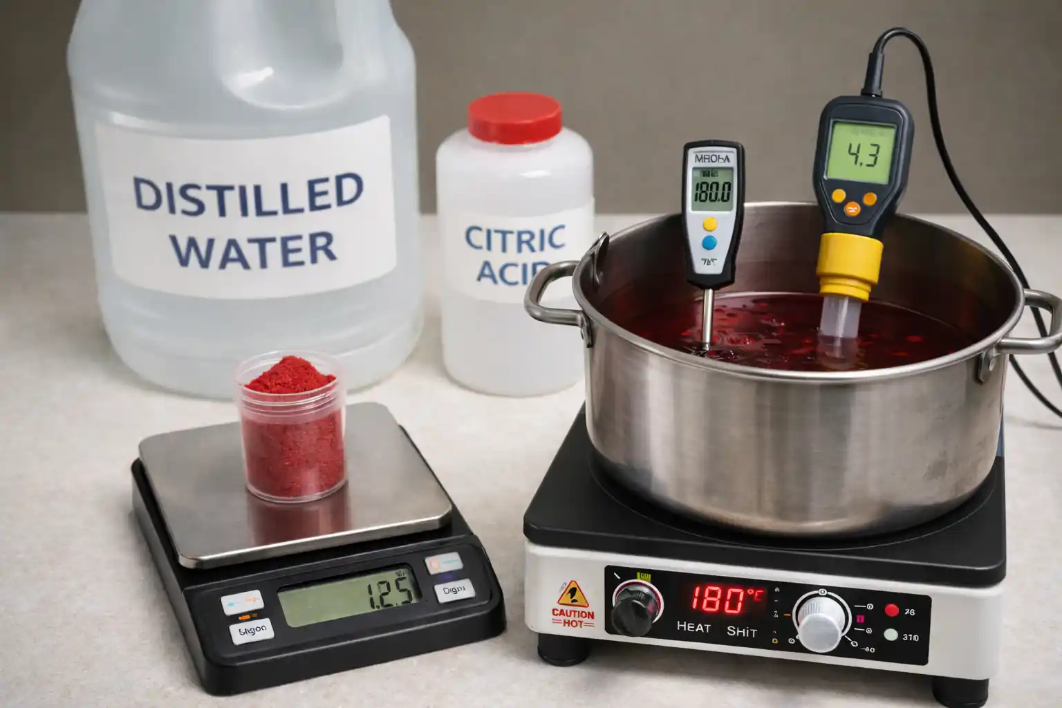 Stainless steel dye pot with submerged marabou feathers, digital thermometer and pH meter in solution, gram scale with measured dye powder, citric acid, and distilled water arranged for controlled marabou dyeing