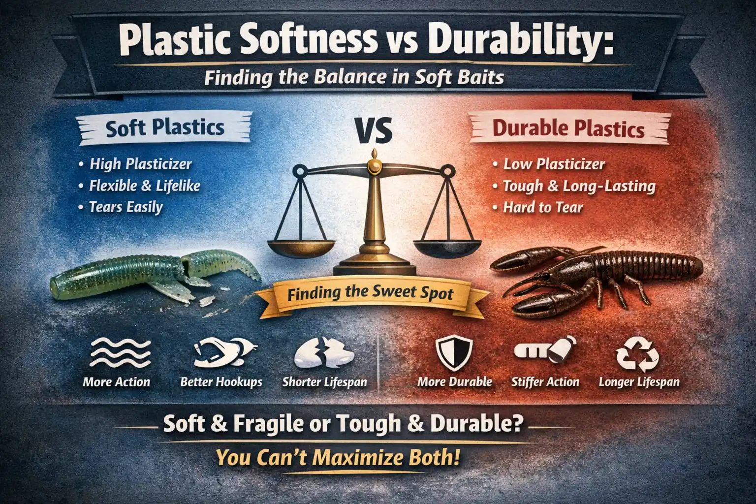 Soft plastic softness vs durability infographic explaining how plastisol flexibility increases action but decreases tear strength in fishing lures