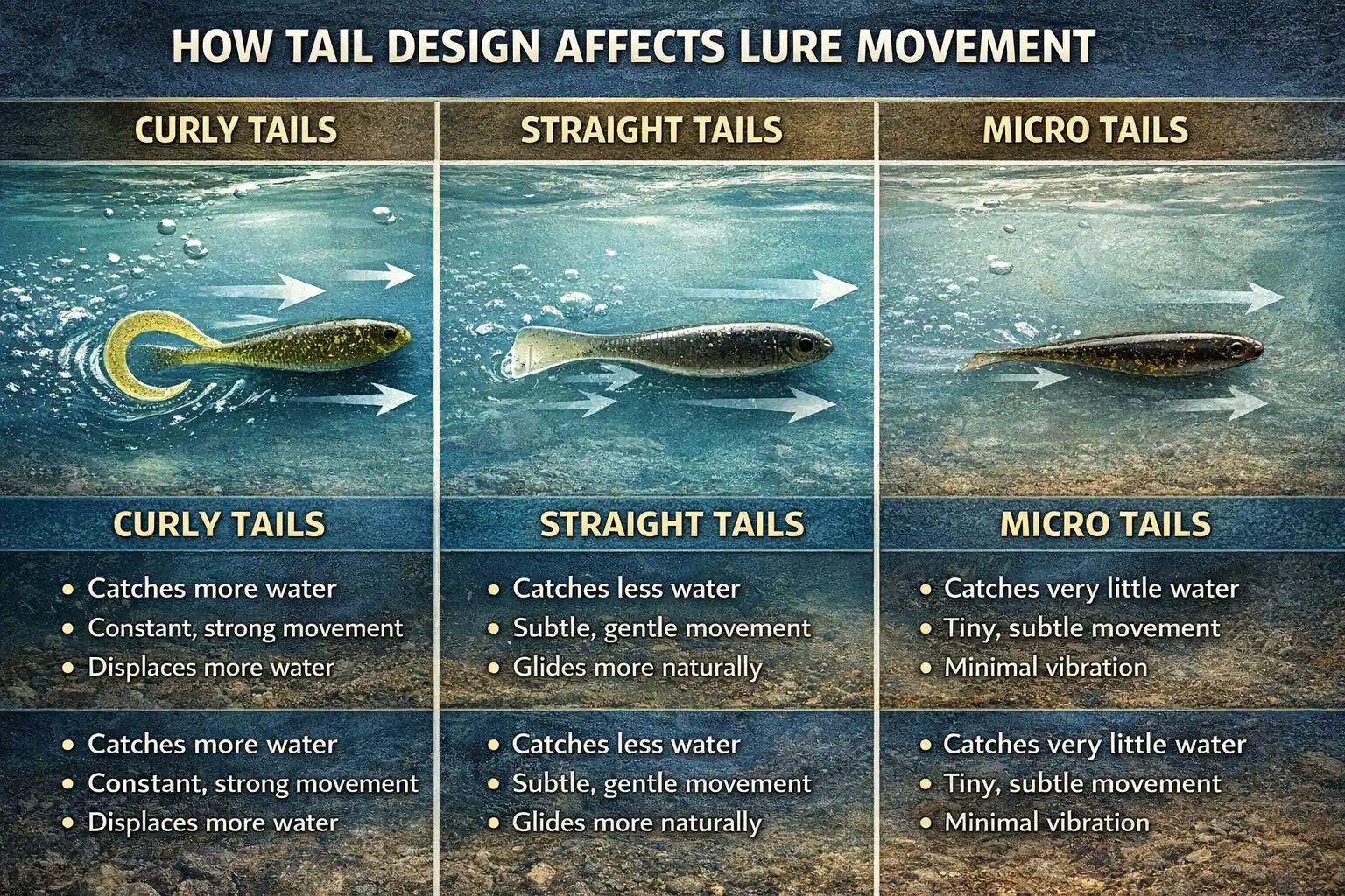 Comparison diagram showing curly tail, straight tail, and micro tail soft plastic designs and how each moves differently through water