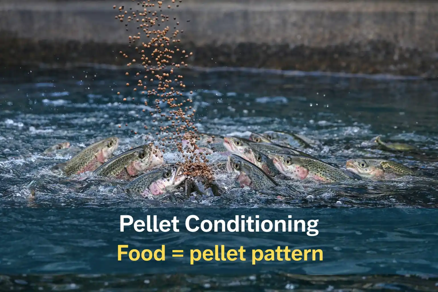 Stocked rainbow trout feeding on falling pellets in a hatchery illustrating pellet conditioning and how trout learn to recognize food as small objects dropping from above