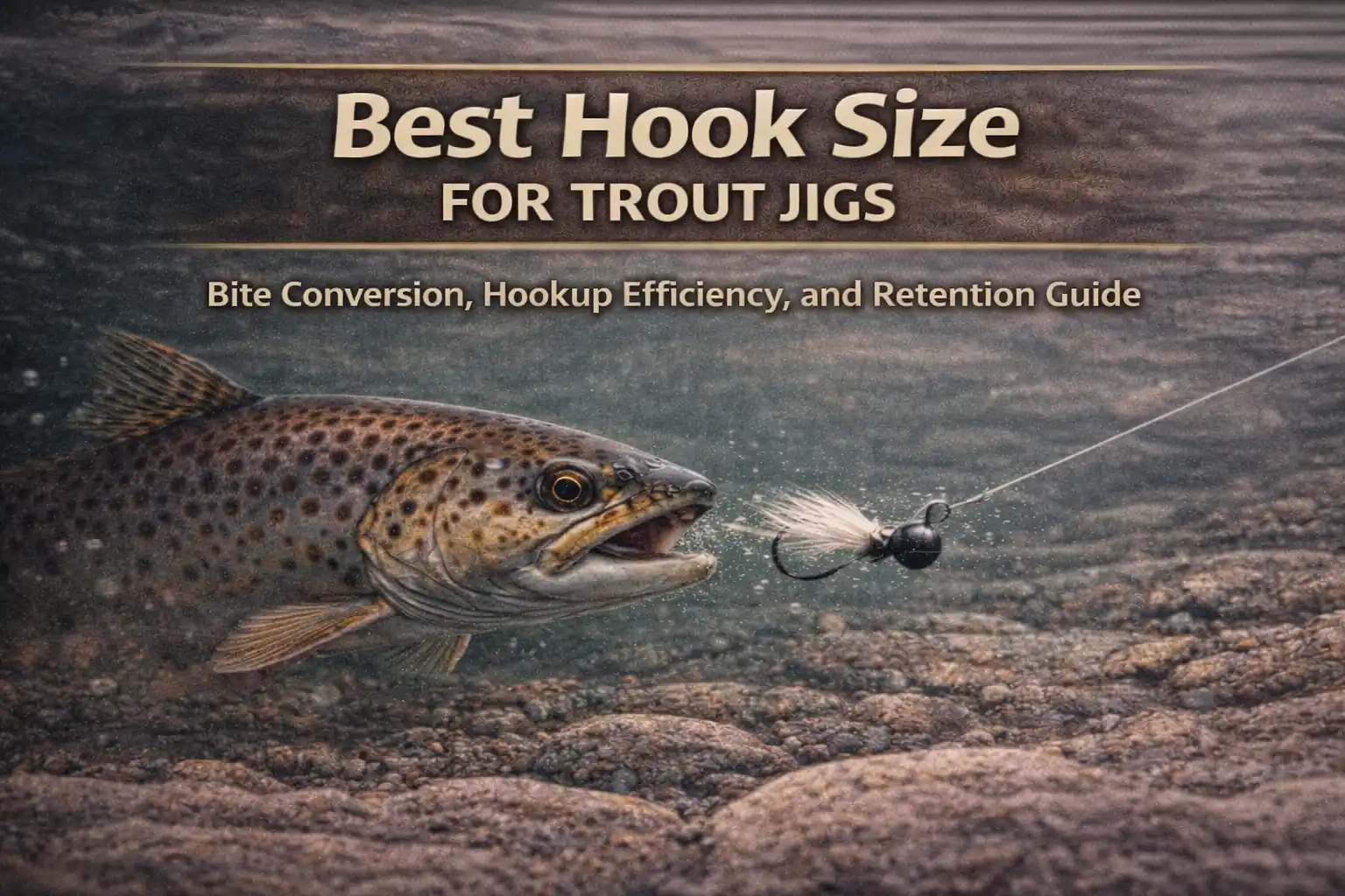 Brown trout underwater approaching a marabou jig in a rocky stream