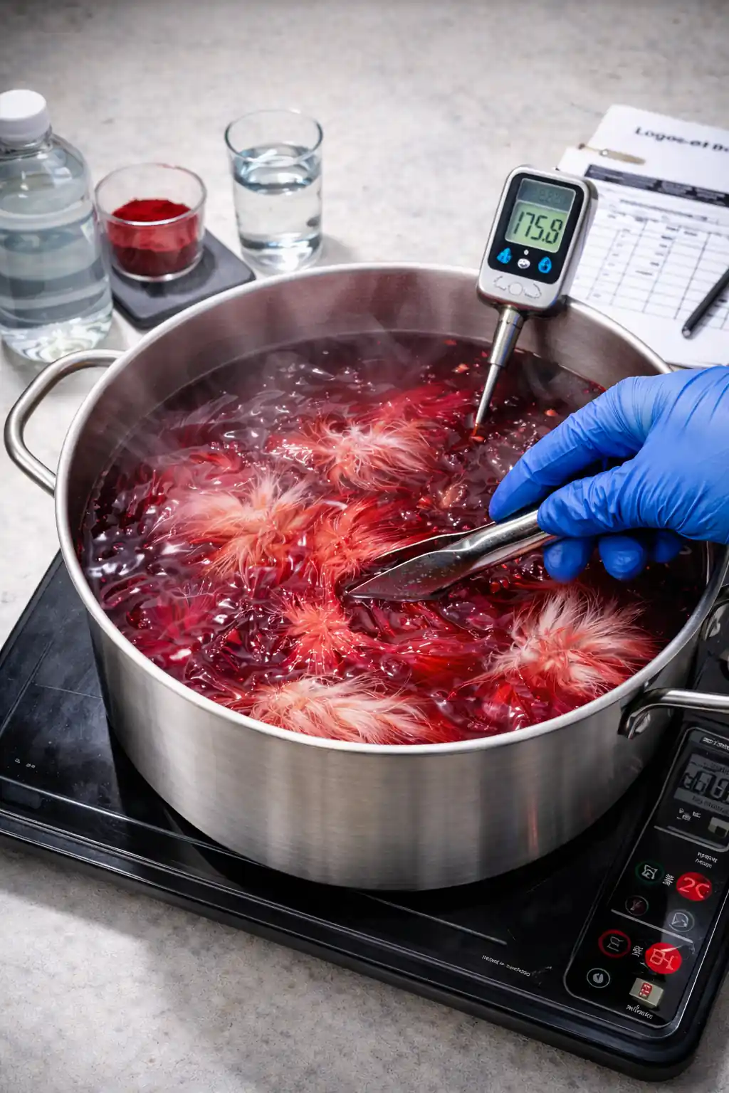 Marabou feathers fully submerged in a stainless steel dye pot on a controlled heat source, demonstrating proper single-color immersion during the professional dyeing process