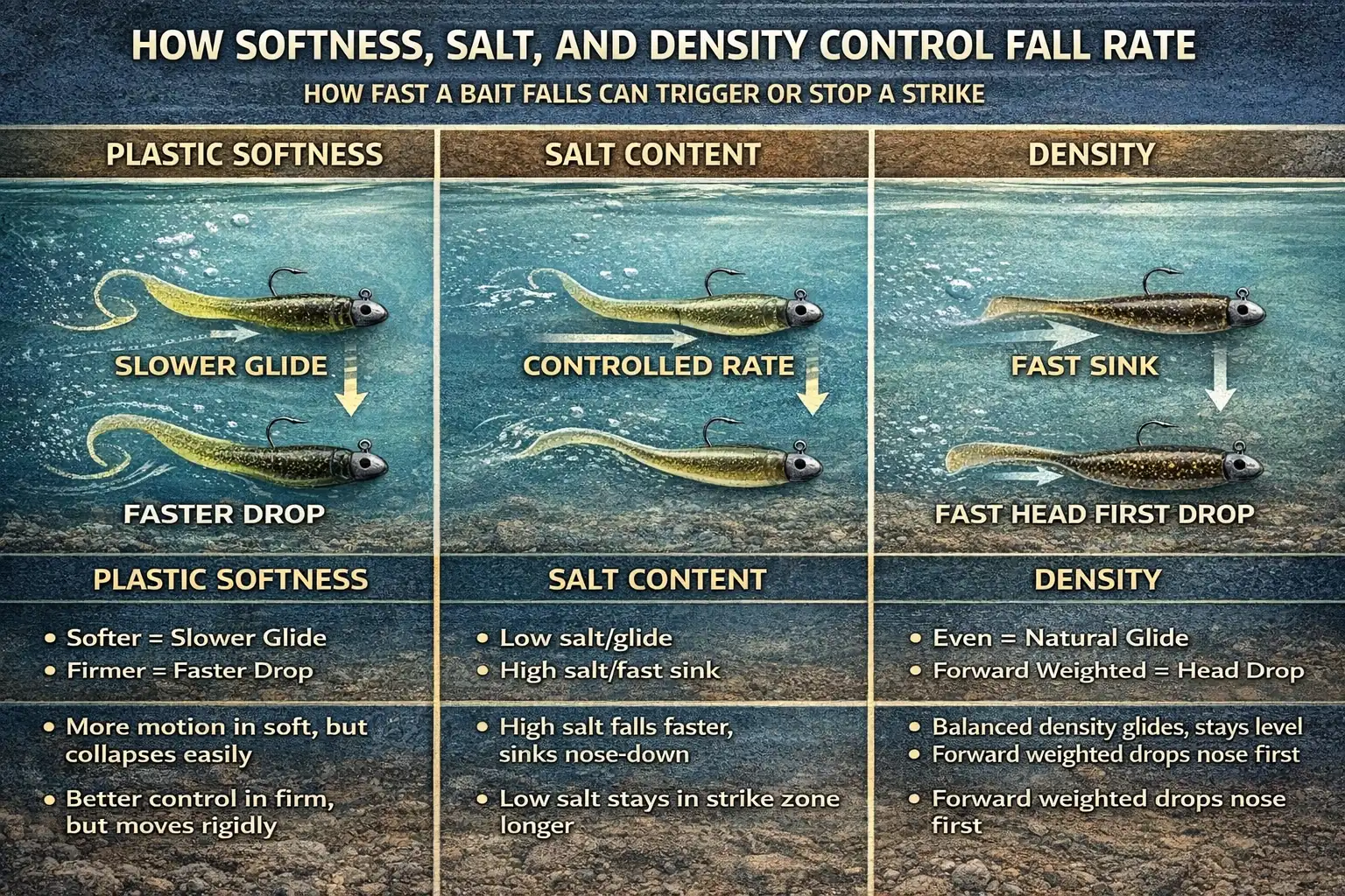 Infographic showing how soft plastic fall rate changes based on plastic softness, salt content, and density during underwater lure movement
