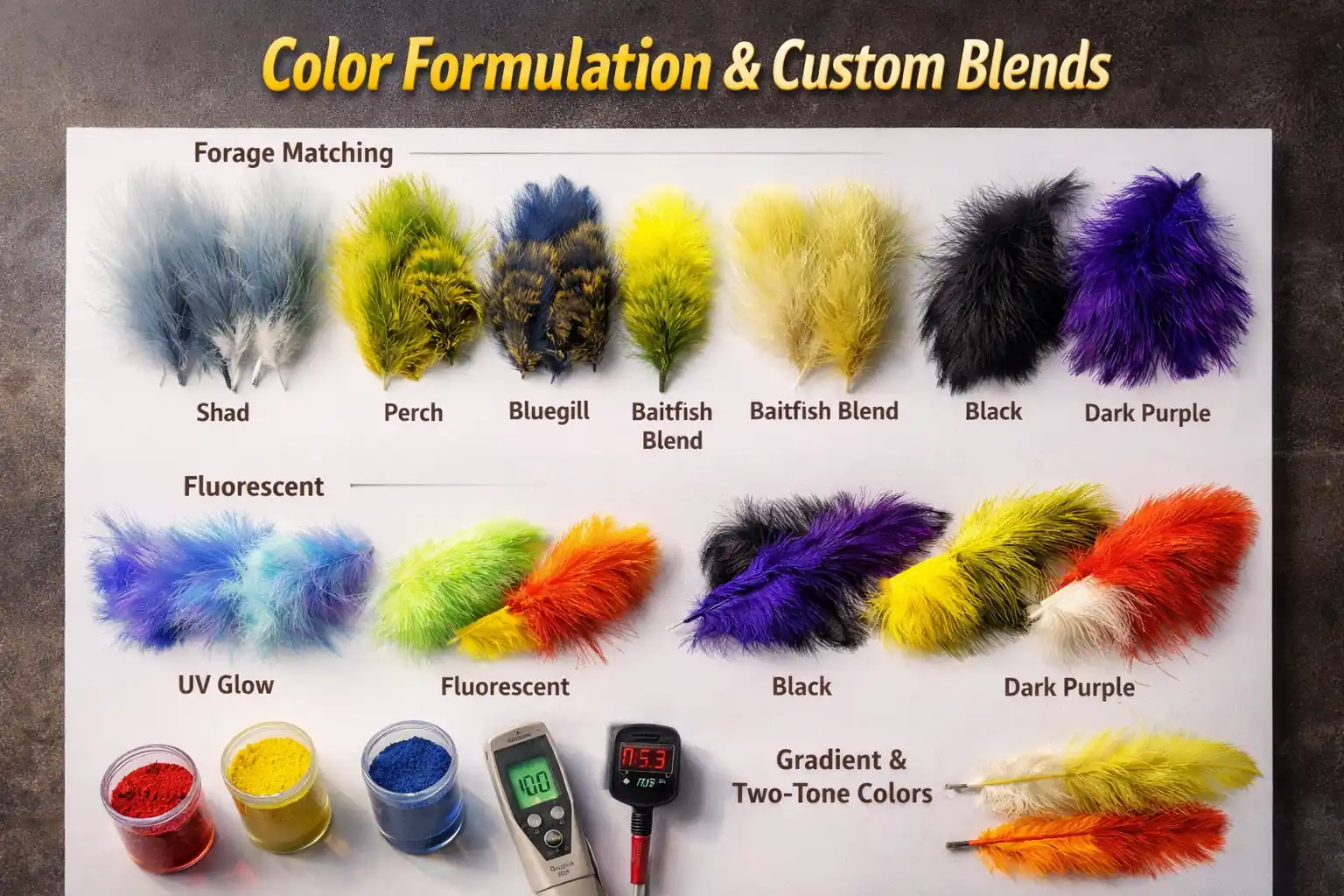 Close-up of multiple marabou feather samples dyed in different controlled color formulations, including shad silver, perch olive, bluegill blend, deep black, purple, fluorescent accent, and gradient transitions